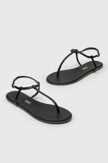 Mariana leather t-strap sandal with ankle strap and buckle in Sable black - cross angled view of pair of shoes