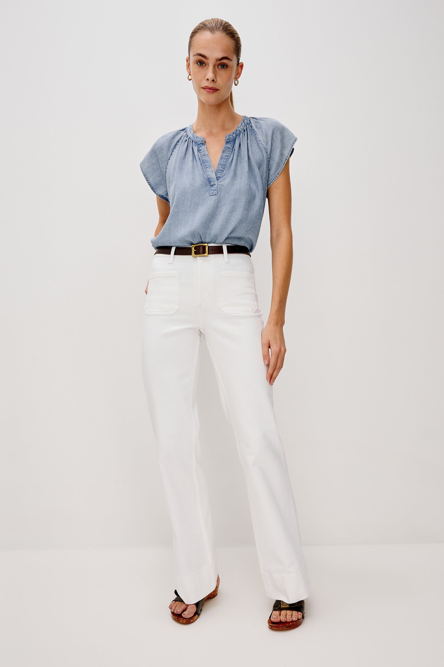 Maribel V-Front Top with Short Raglan Sleeves in Medium Cloud Wash. Front Full Body View Shown on Model. 