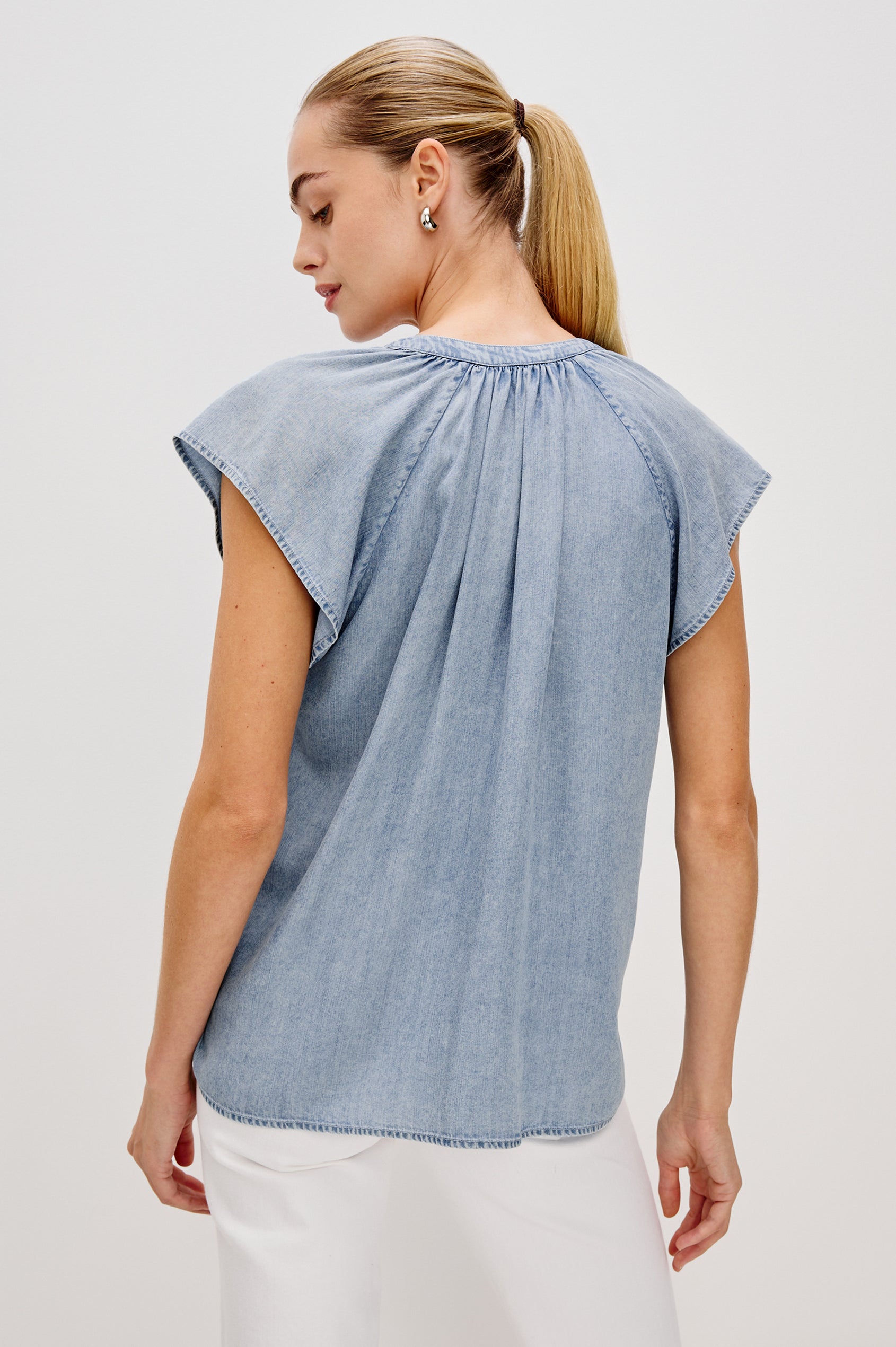 Maribel V-Front Top with Short Raglan Sleeves in Medium Cloud Wash. Back View Shown on Model. 