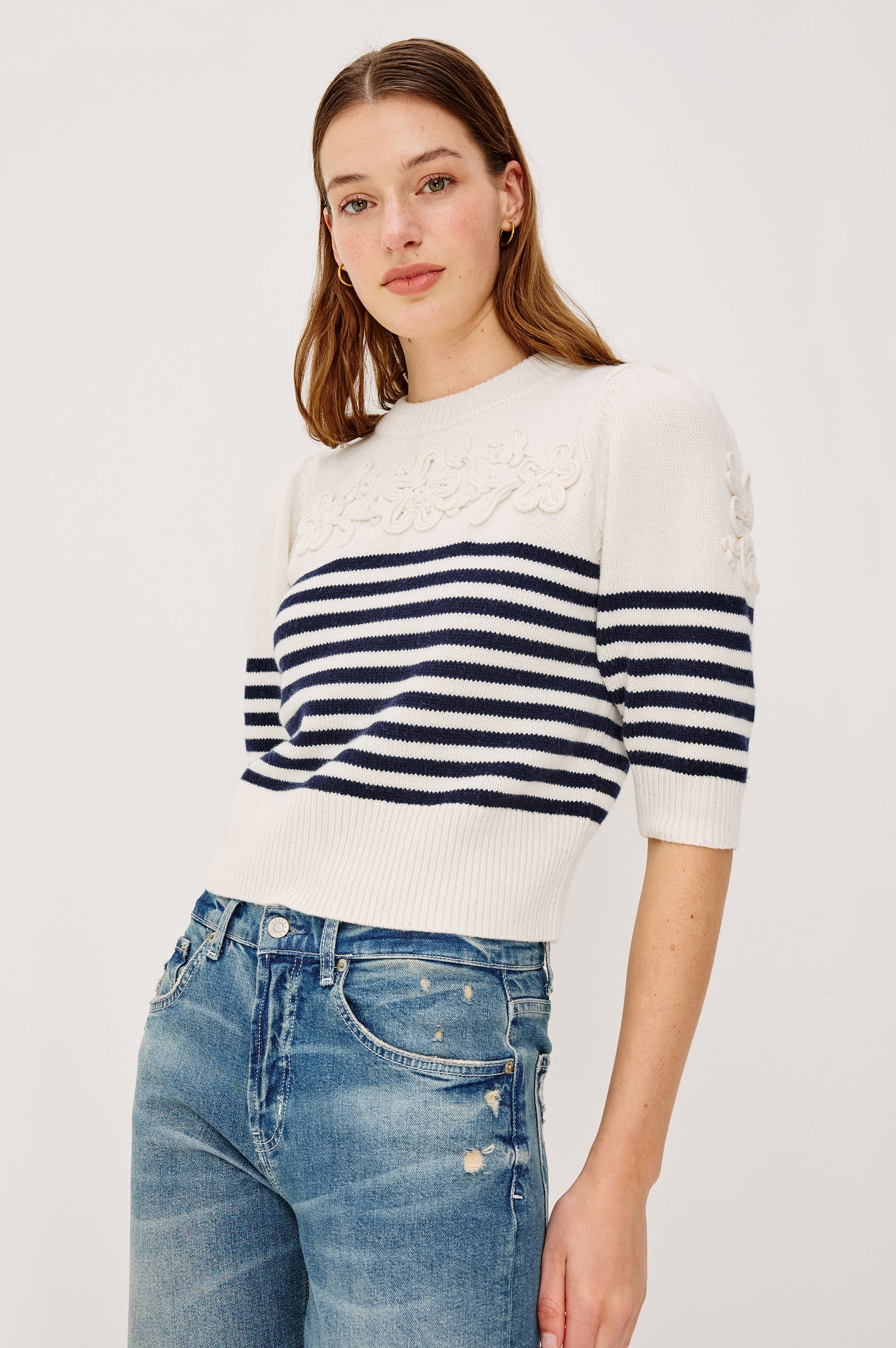 Martha Top in Wool Blend With Crew Neckline, Soutached Floral Detailing, Elbow-Length Puff Sleeves, and Ribbed Trim in Navy Floral Stripe Colorway - Upper Body Front View Featured on Model