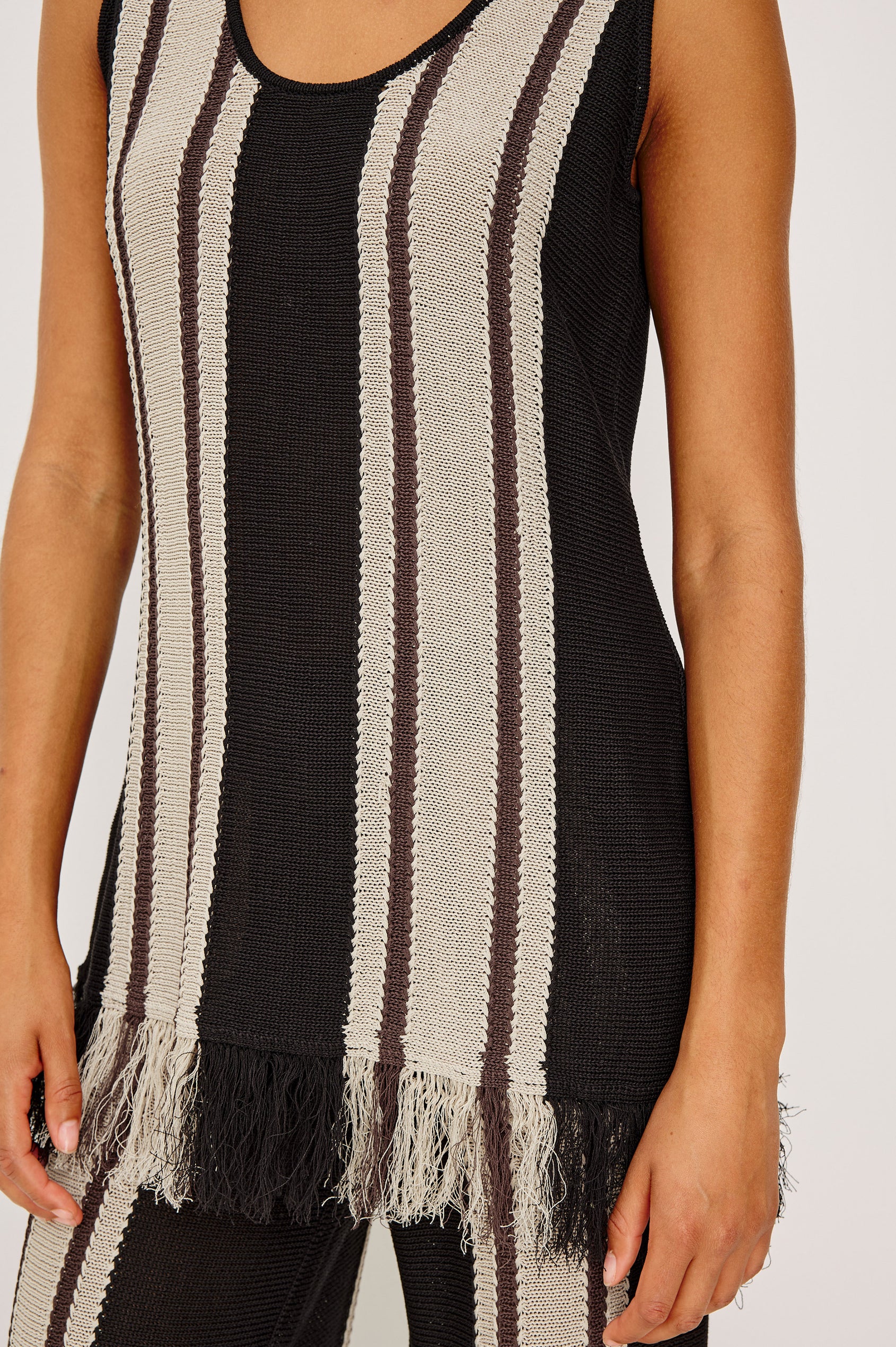 Martina Top in Knit With Scoop Neckline, Relaxed Fit, Tunic Length, and Fringe Hem in Espresso Stripe Colorway - Upper Body Front View Featured on Model