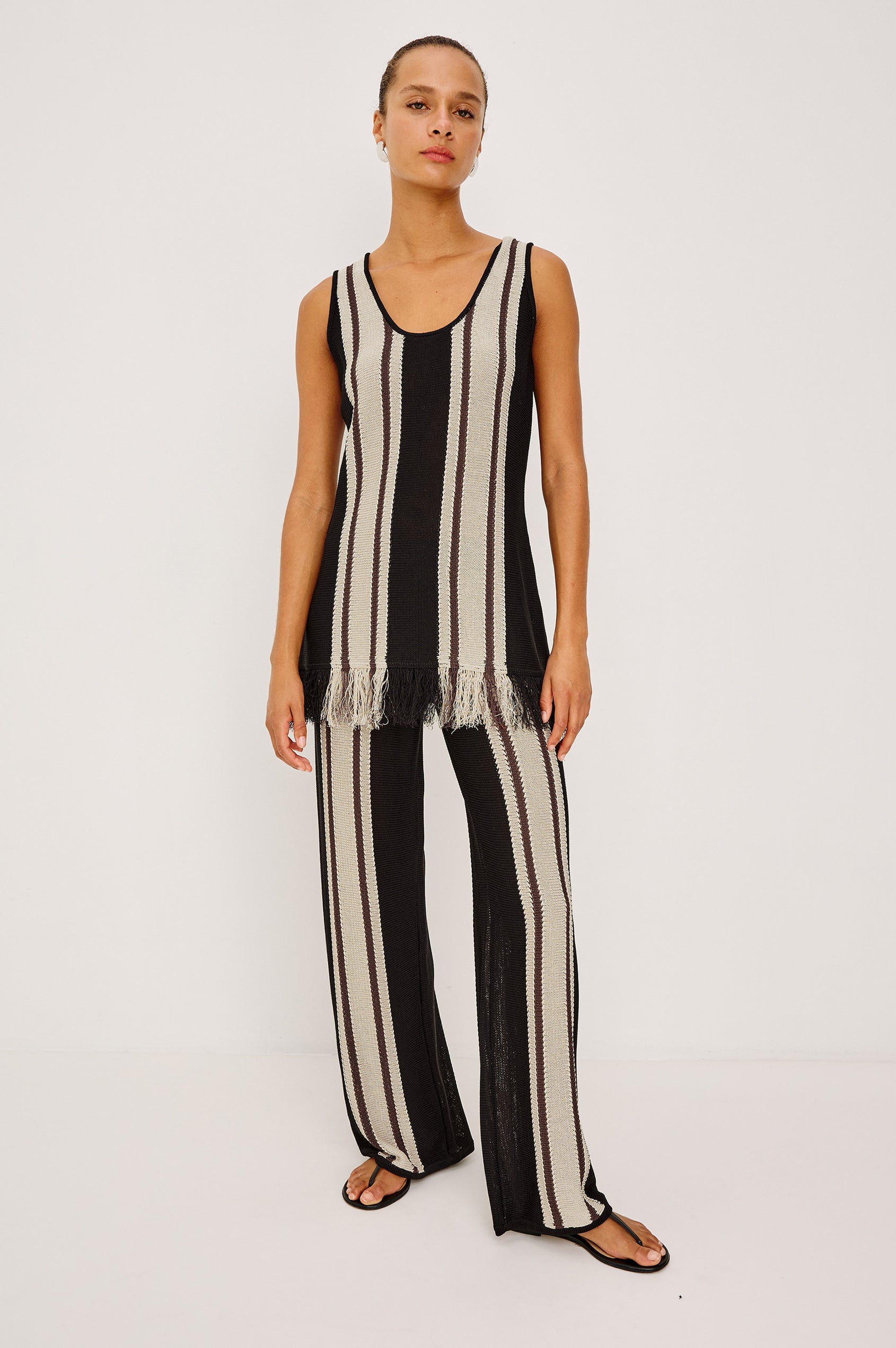 Martina Top in Knit With Scoop Neckline, Relaxed Fit, Tunic Length, and Fringe Hem in Espresso Stripe Colorway - Full Body Front View Featured on Model