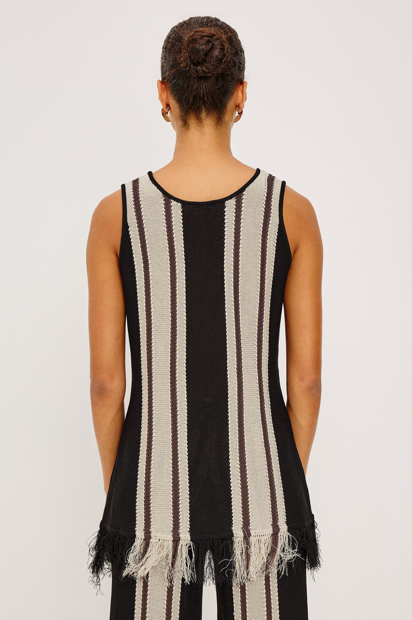 Martina Top in Knit With Scoop Neckline, Relaxed Fit, Tunic Length, and Fringe Hem in Espresso Stripe Colorway - Upper Body Back View Featured on Model