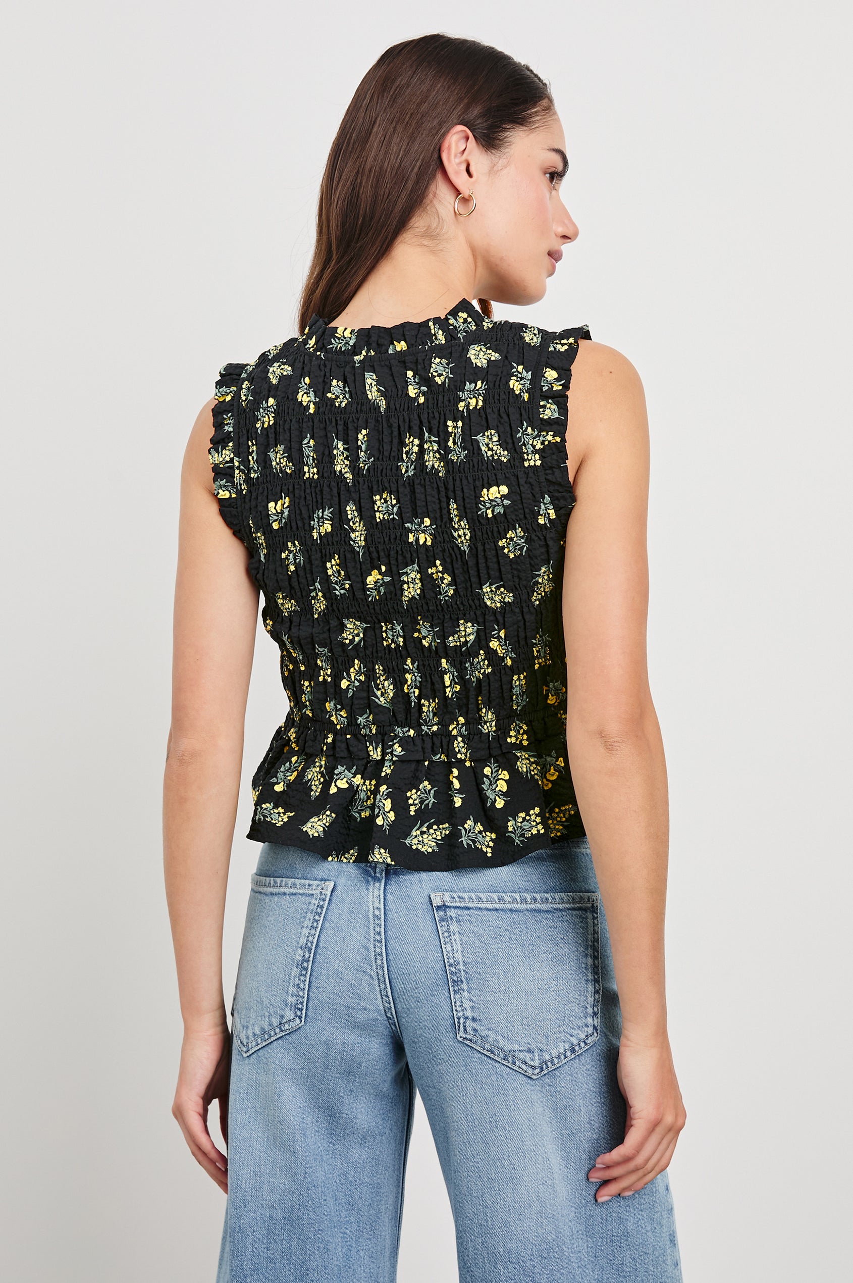 Martine peplum tank top with adjustable front closure ties in Dark Amaryllis -  back view on model