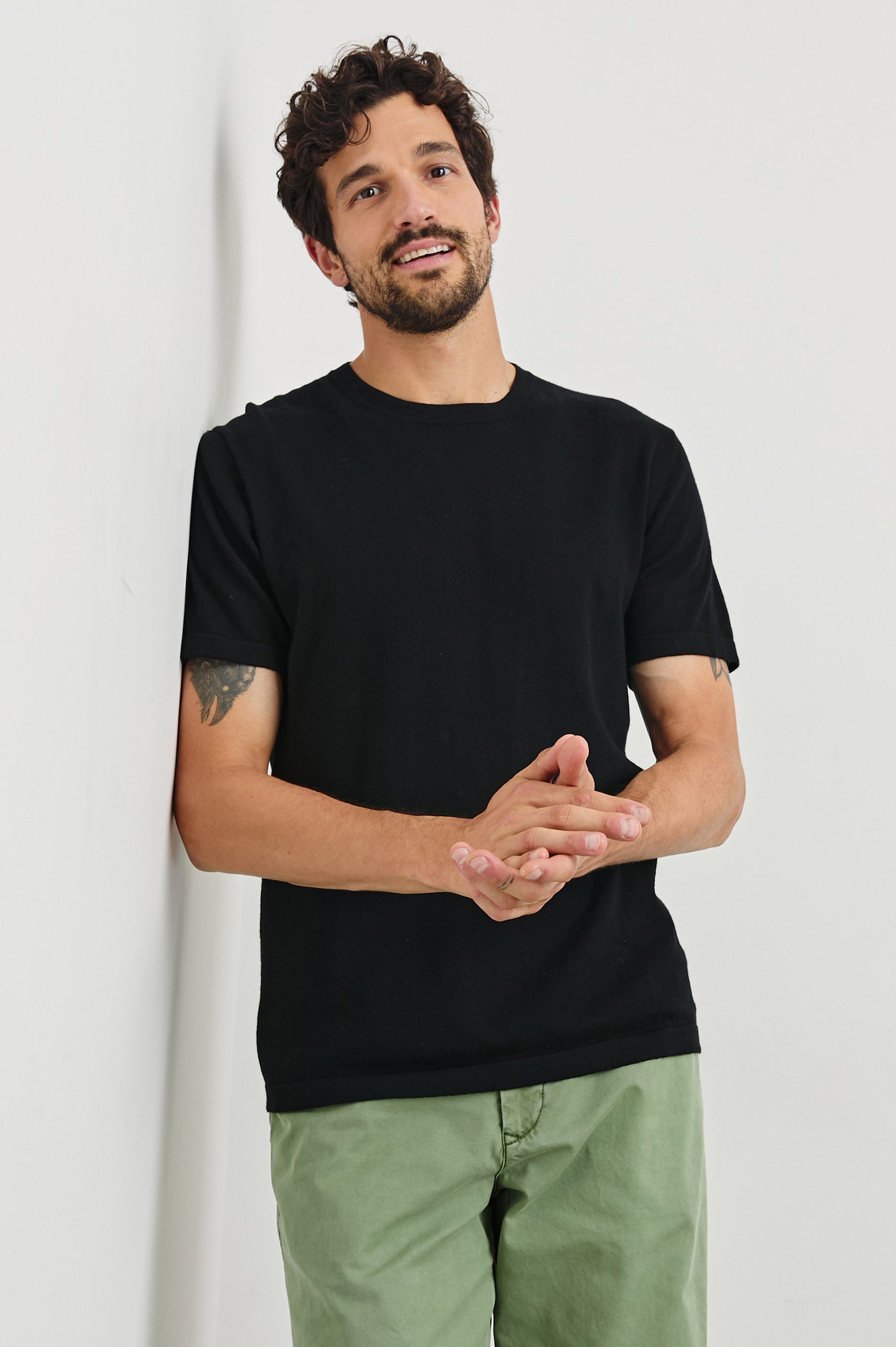 Mason Cotton Cashmere Short Sleeve T-Shirt with a Crew Neck in Black Colorway - Front View Featured on Model