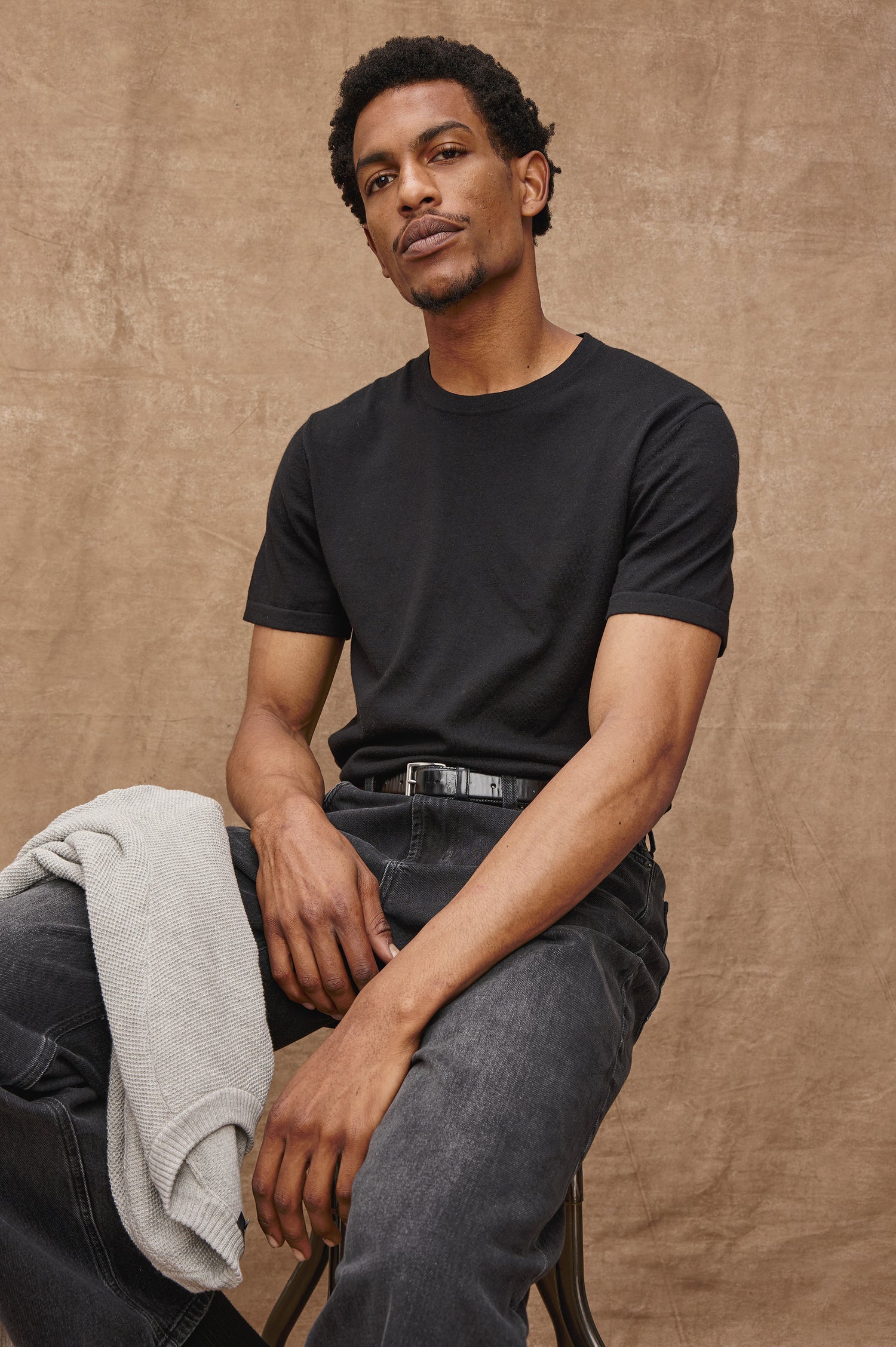 Mason Cotton Cashmere Short Sleeve T-Shirt with a Crew Neck in Black Colorway - Front View Featured on Model