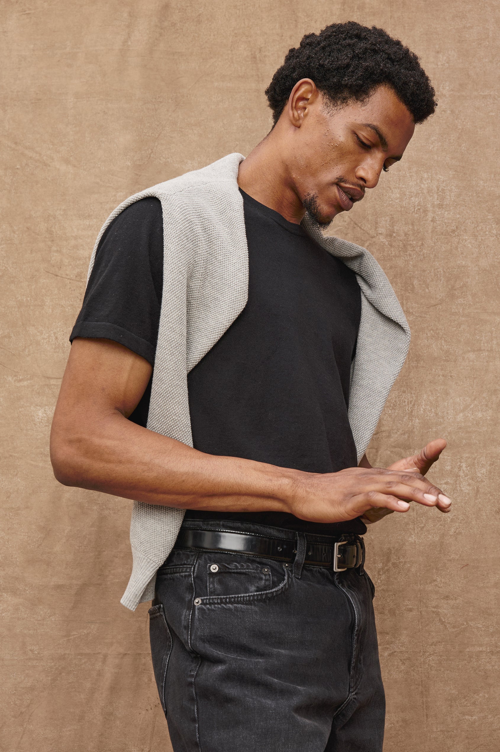 Mason Cotton Cashmere Short Sleeve T-Shirt with a Crew Neck in Black Colorway - Front View Featured on Model