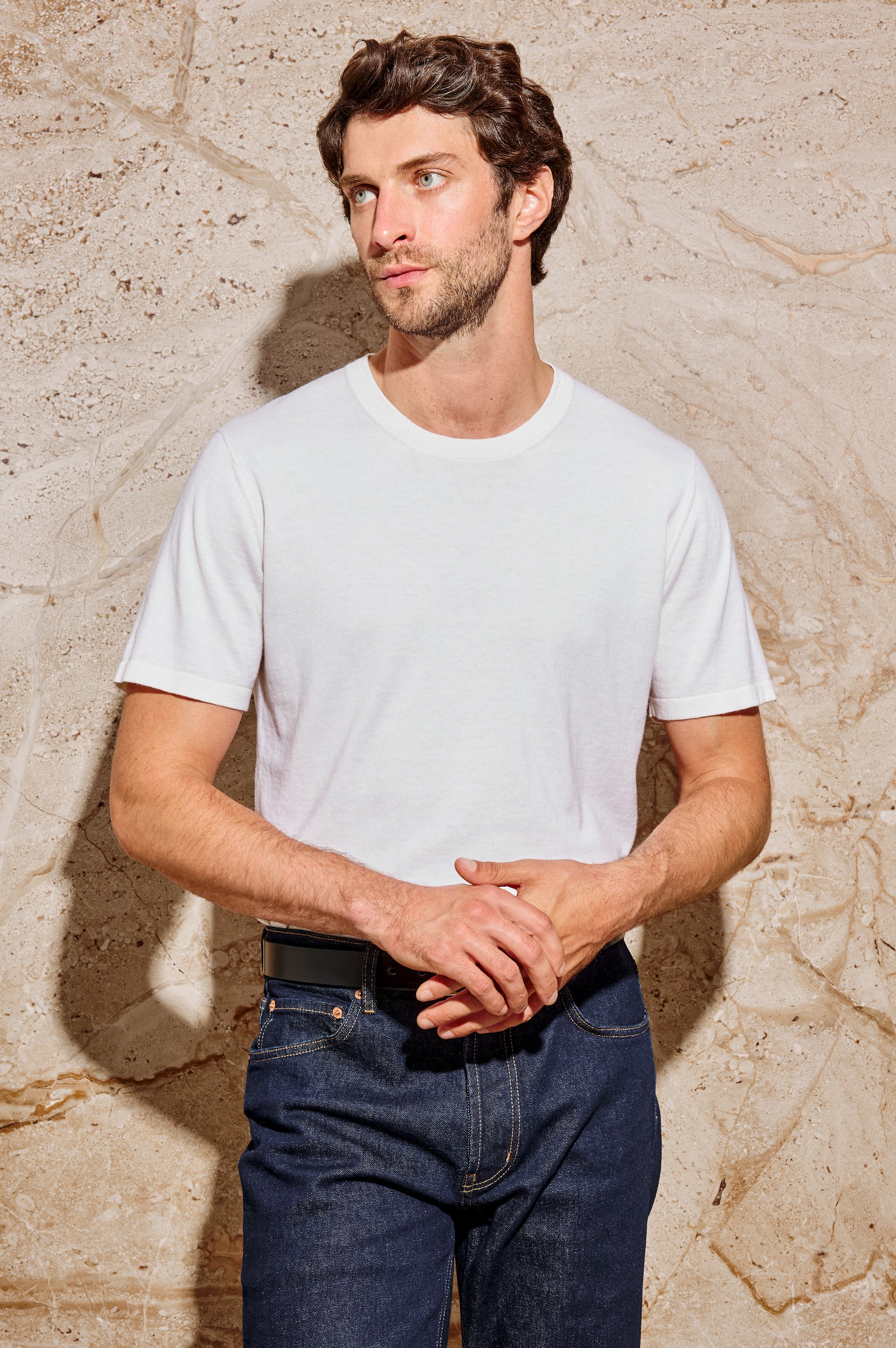 Mason Cotton Cashmere Short Sleeve T-Shirt with a Crew Neck in Cream Colorway - Front View Featured on Model