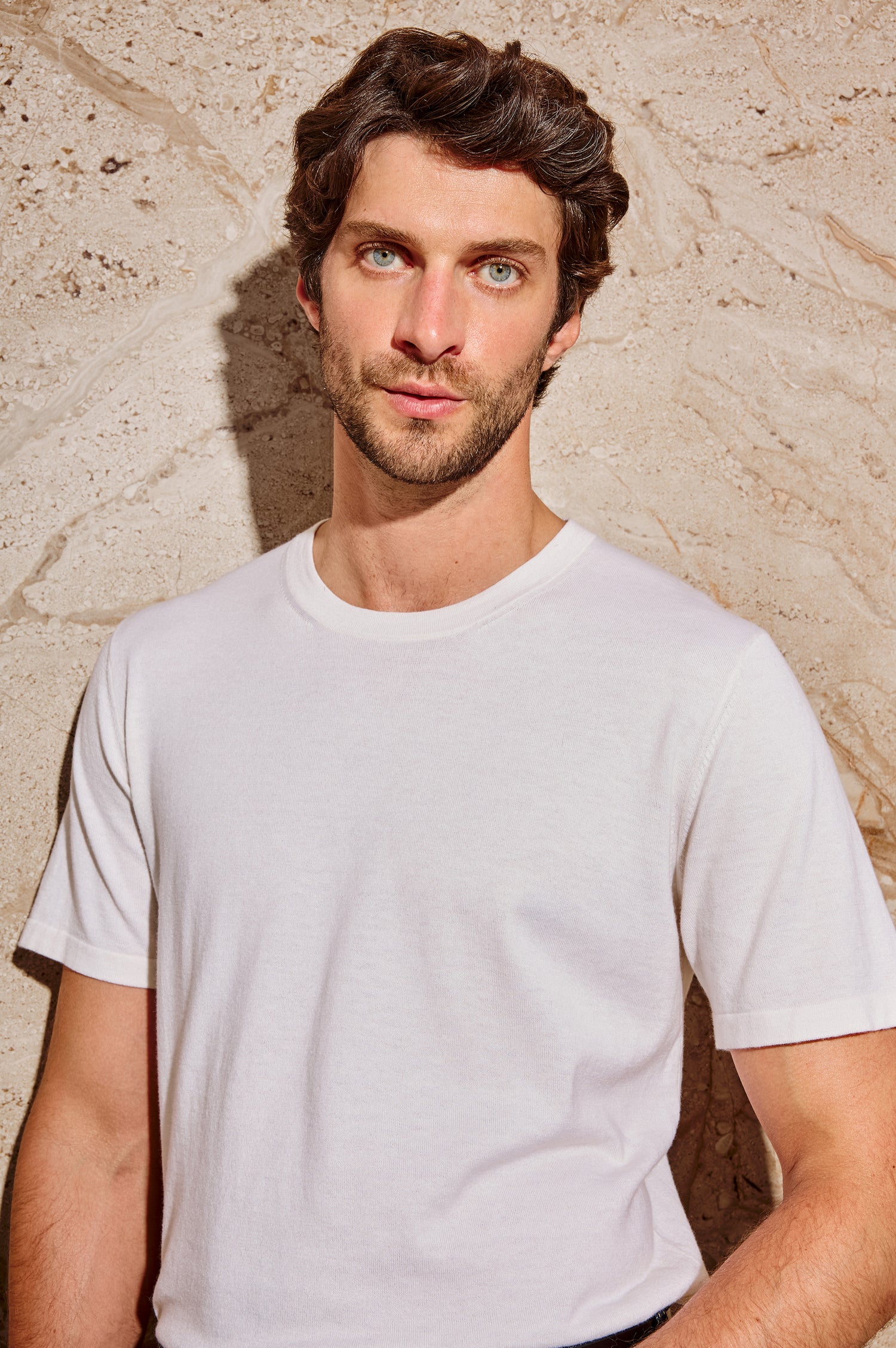 Mason Cotton Cashmere Short Sleeve T-Shirt with a Crew Neck in Cream Colorway - Front View Featured on Model