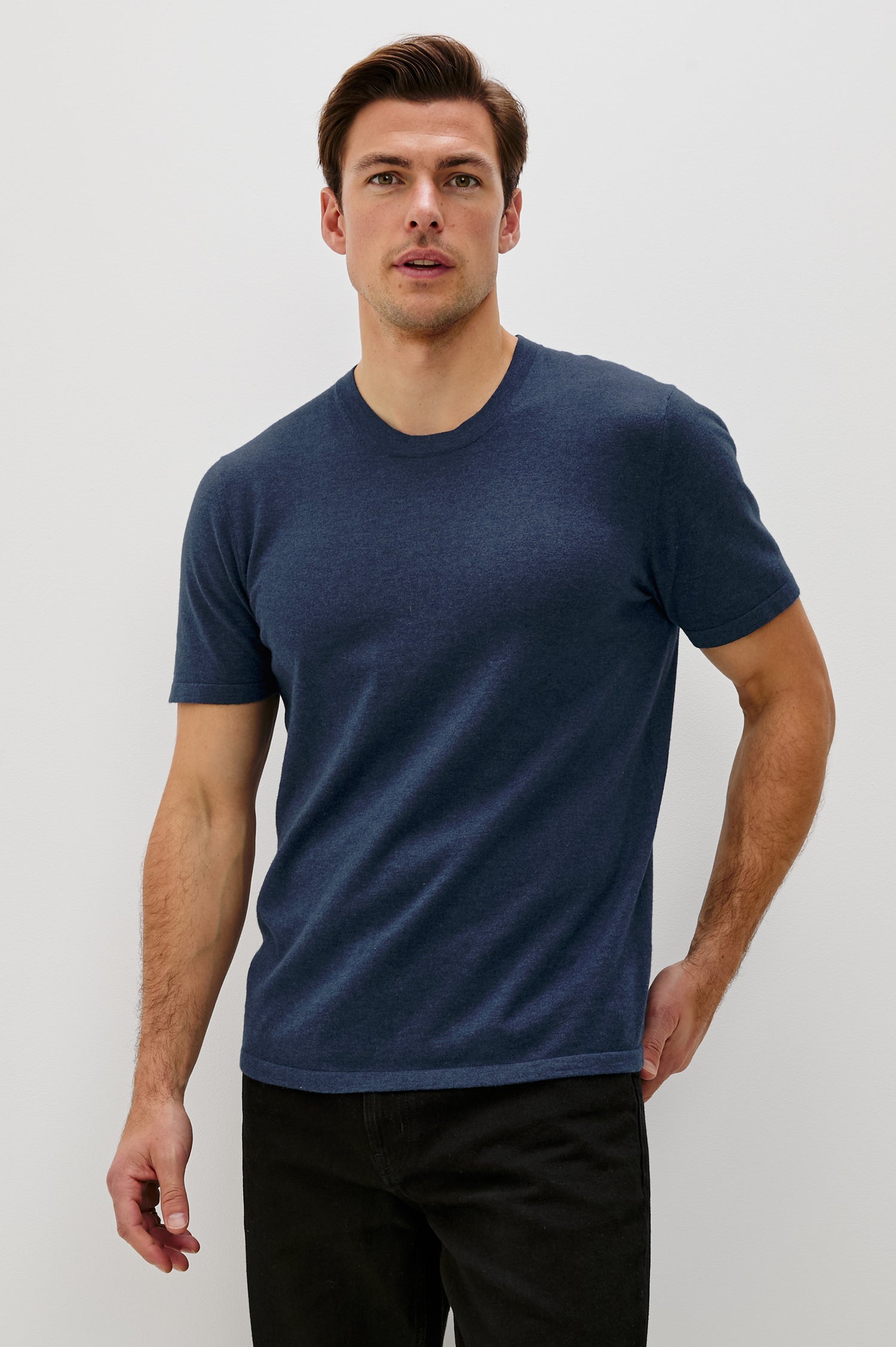 Mason Cotton Cashmere Short Sleeve T-Shirt with a Crew Neck in Heather Blue Colorway - Front View Featured on Model