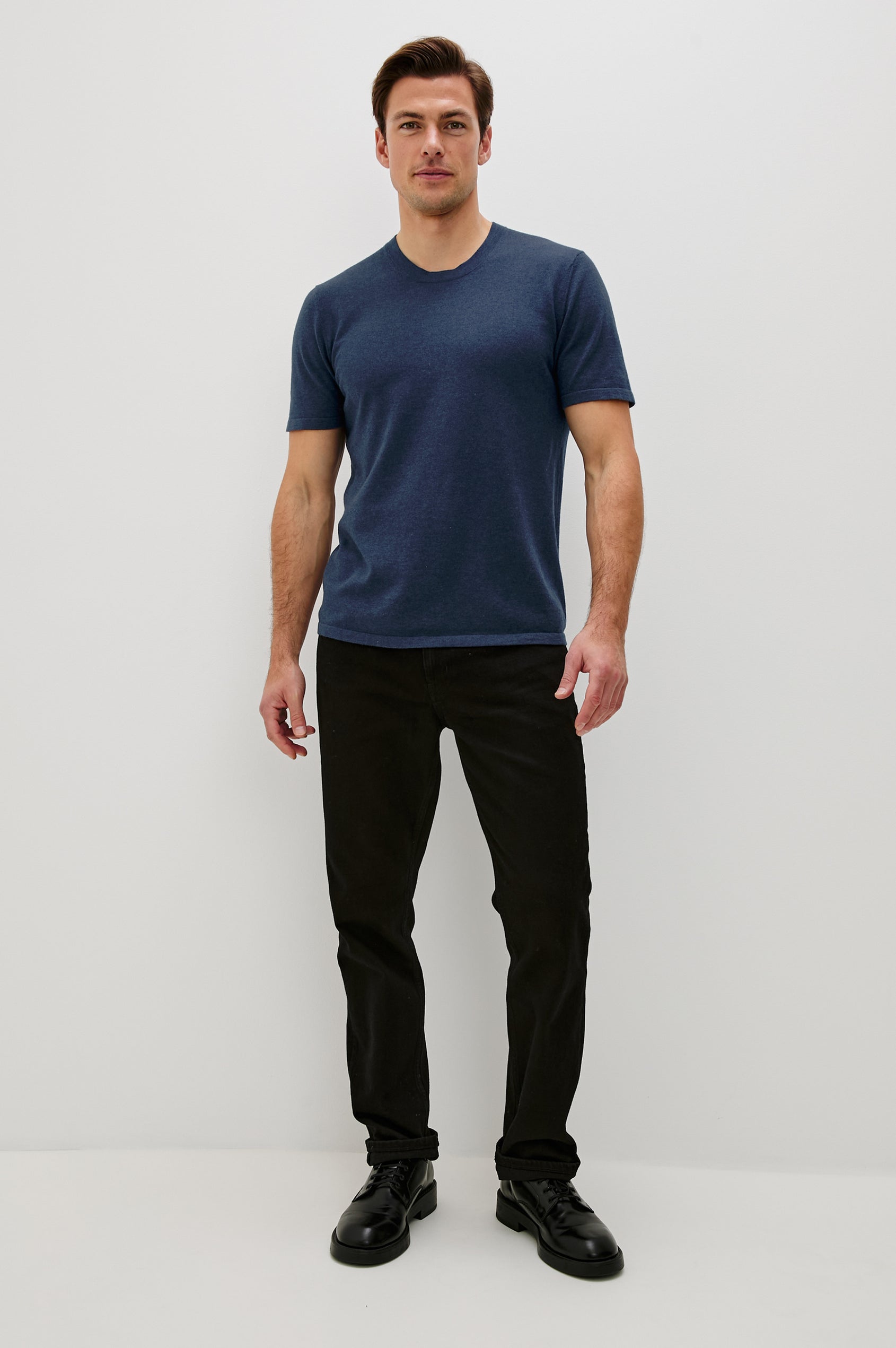 Mason Cotton Cashmere Short Sleeve T-Shirt with a Crew Neck in Heather Blue Colorway - Full Body Front View Featured on Model