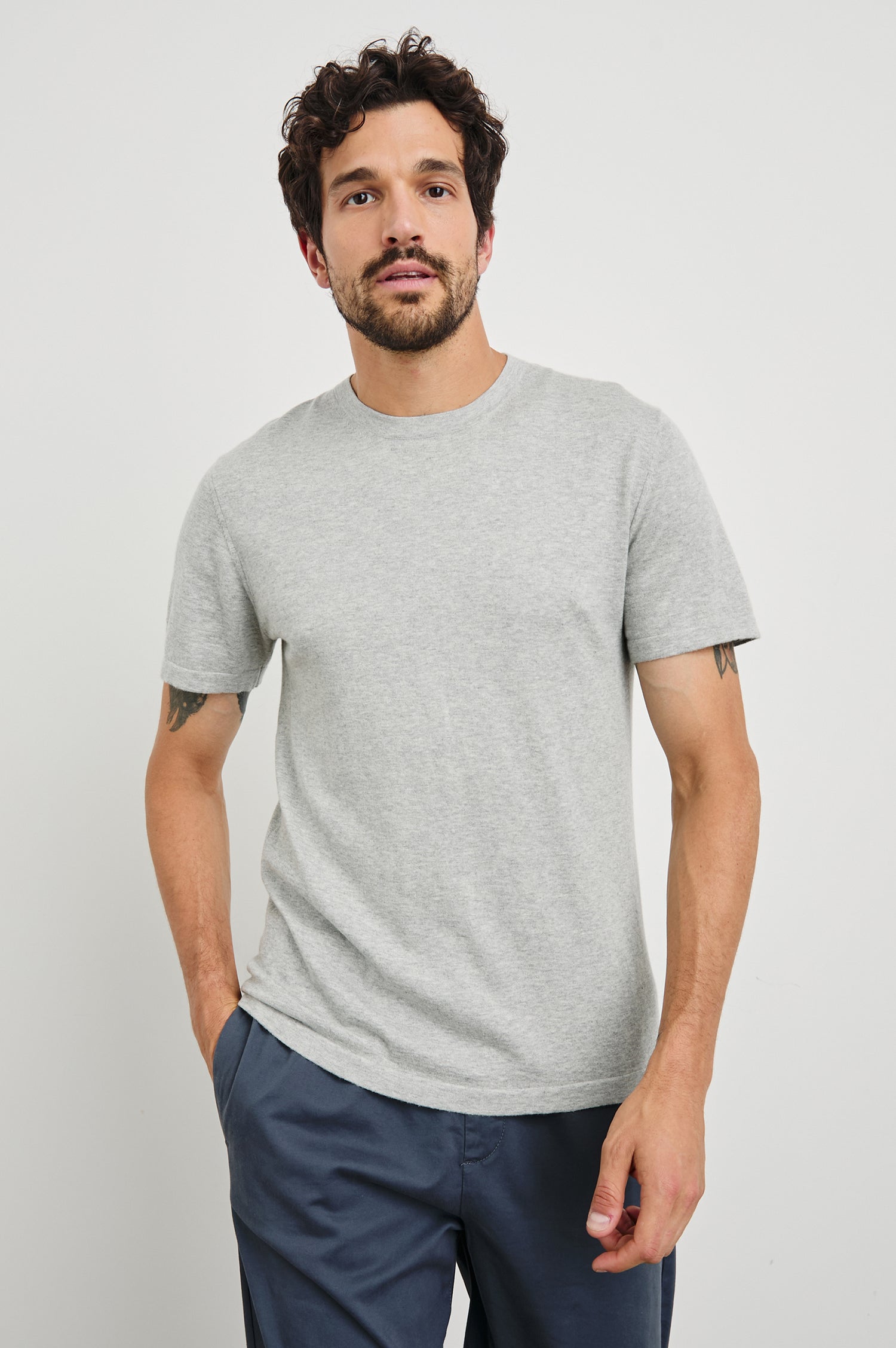 Mason Cotton Cashmere Short Sleeve T-Shirt with a Crew Neck in Heather Grey Colorway - Front View Featured on Model