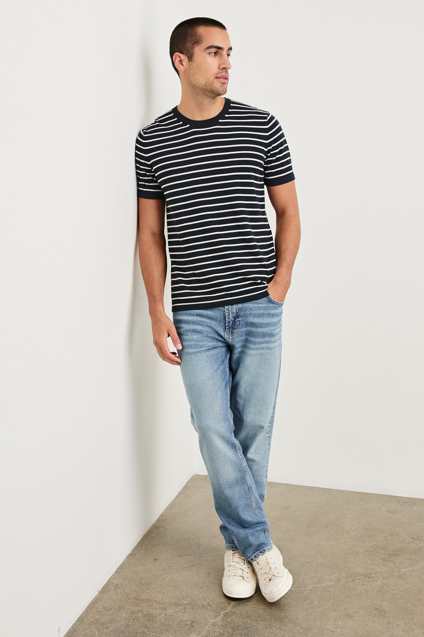 Mason cotton cashmere short sleeve crewneck t-shirt in Nautical Navy Stripe - full body front view on model