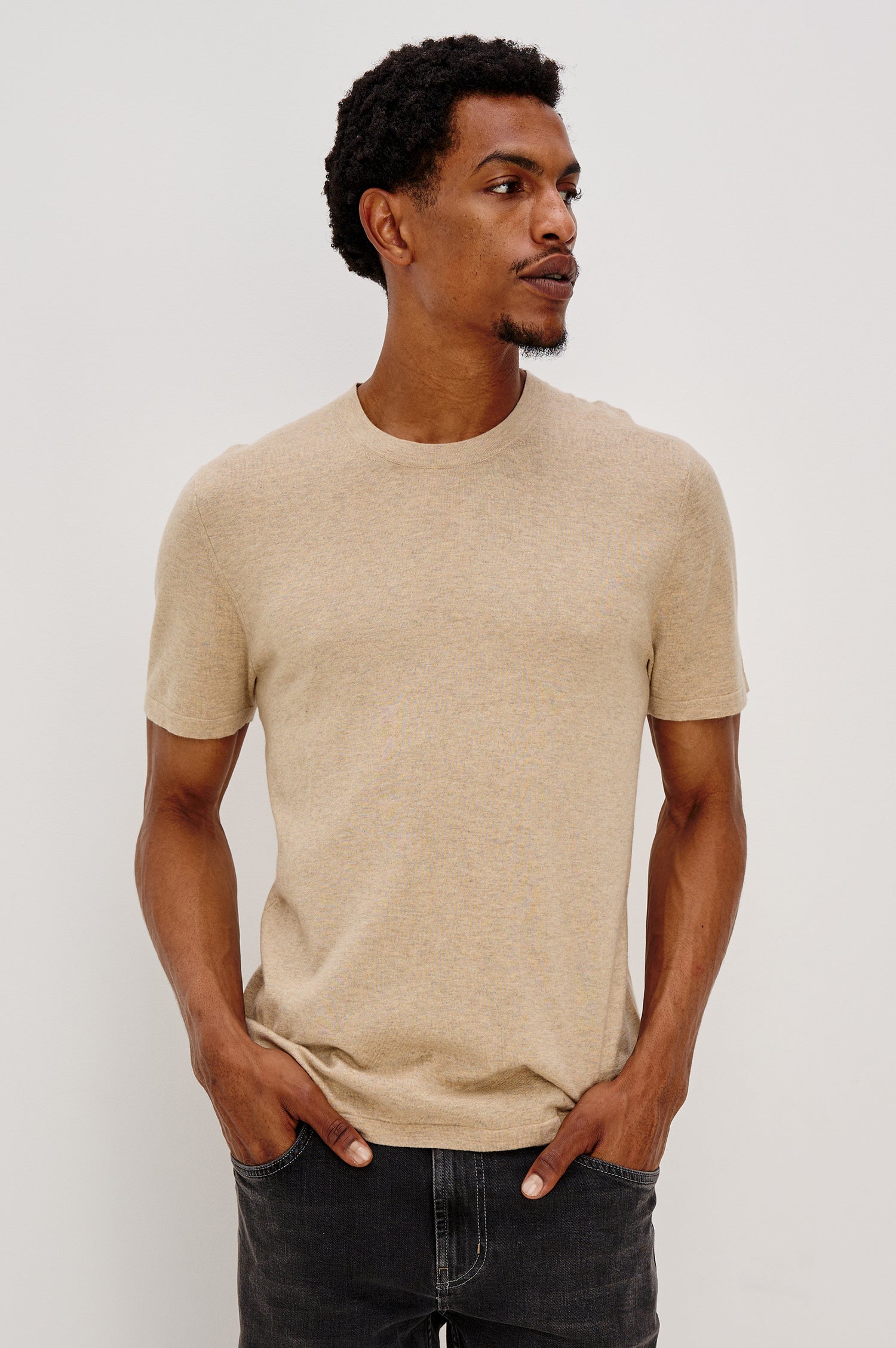Mason Cotton Cashmere Short Sleeve T-Shirt with a Crew Neck in Oat Heather Colorway - Front View Featured on Model