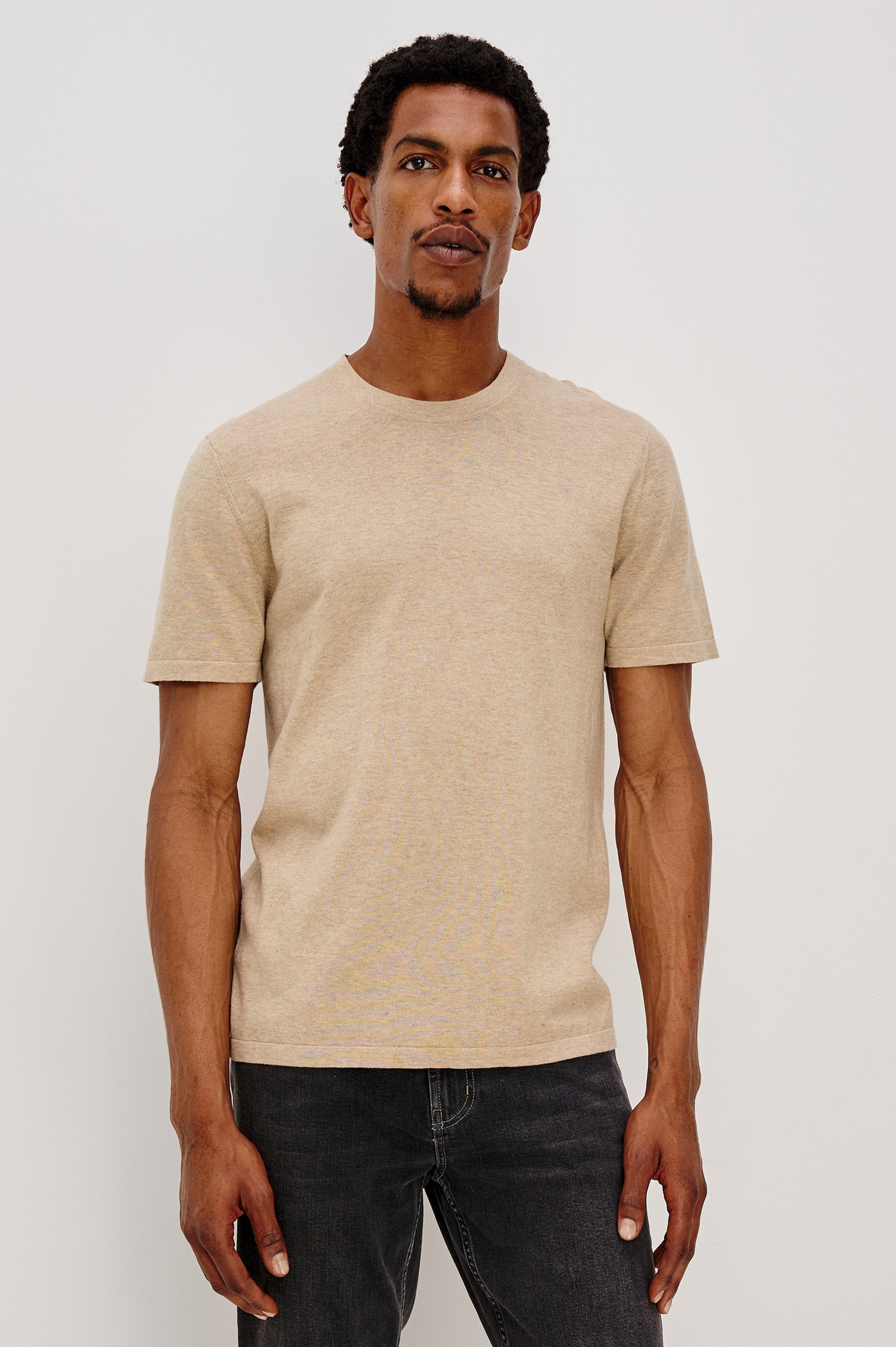 Mason Cotton Cashmere Short Sleeve T-Shirt with a Crew Neck in Oat Heather Colorway - Front View Featured on Model