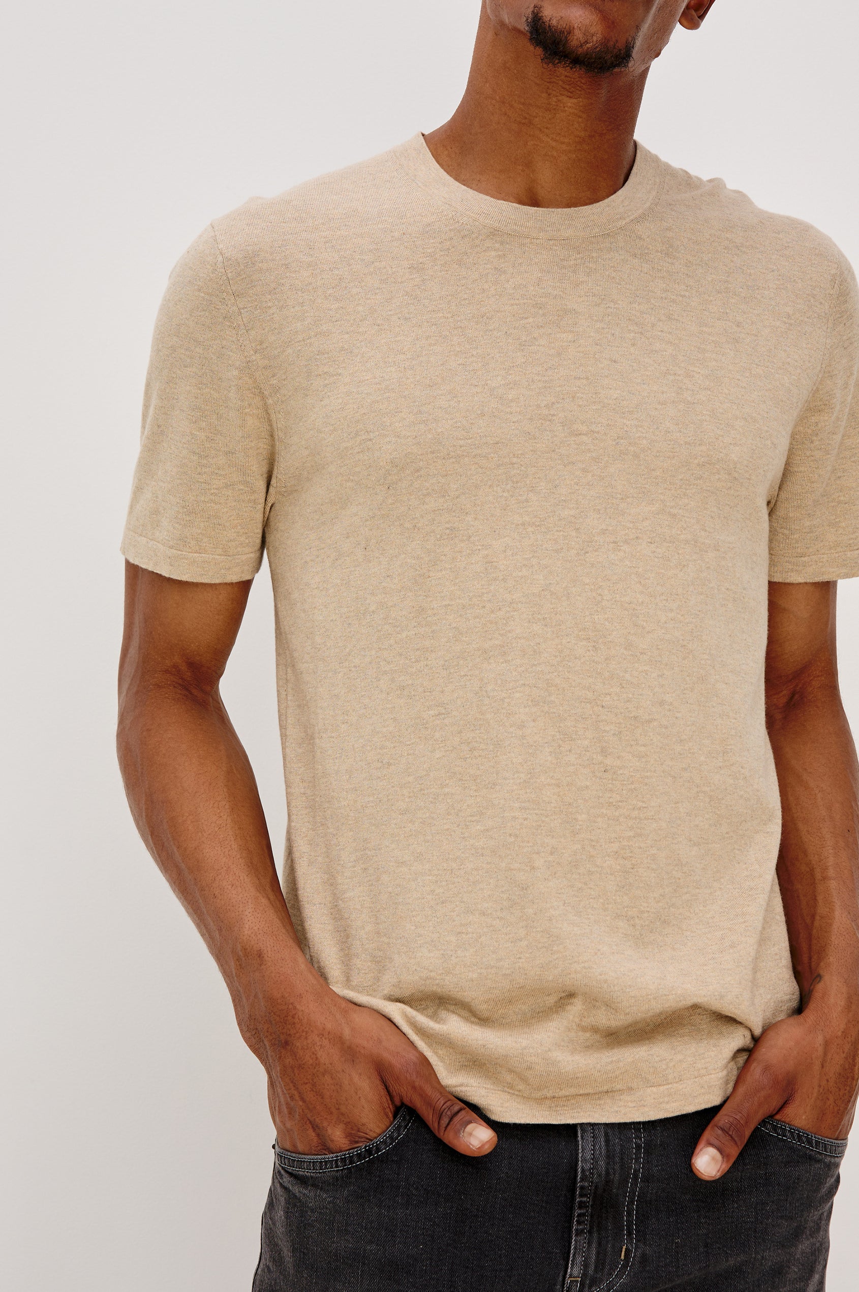 Mason Cotton Cashmere Short Sleeve T-Shirt with a Crew Neck in Oat Heather Colorway - Front Detail View Featured on Model