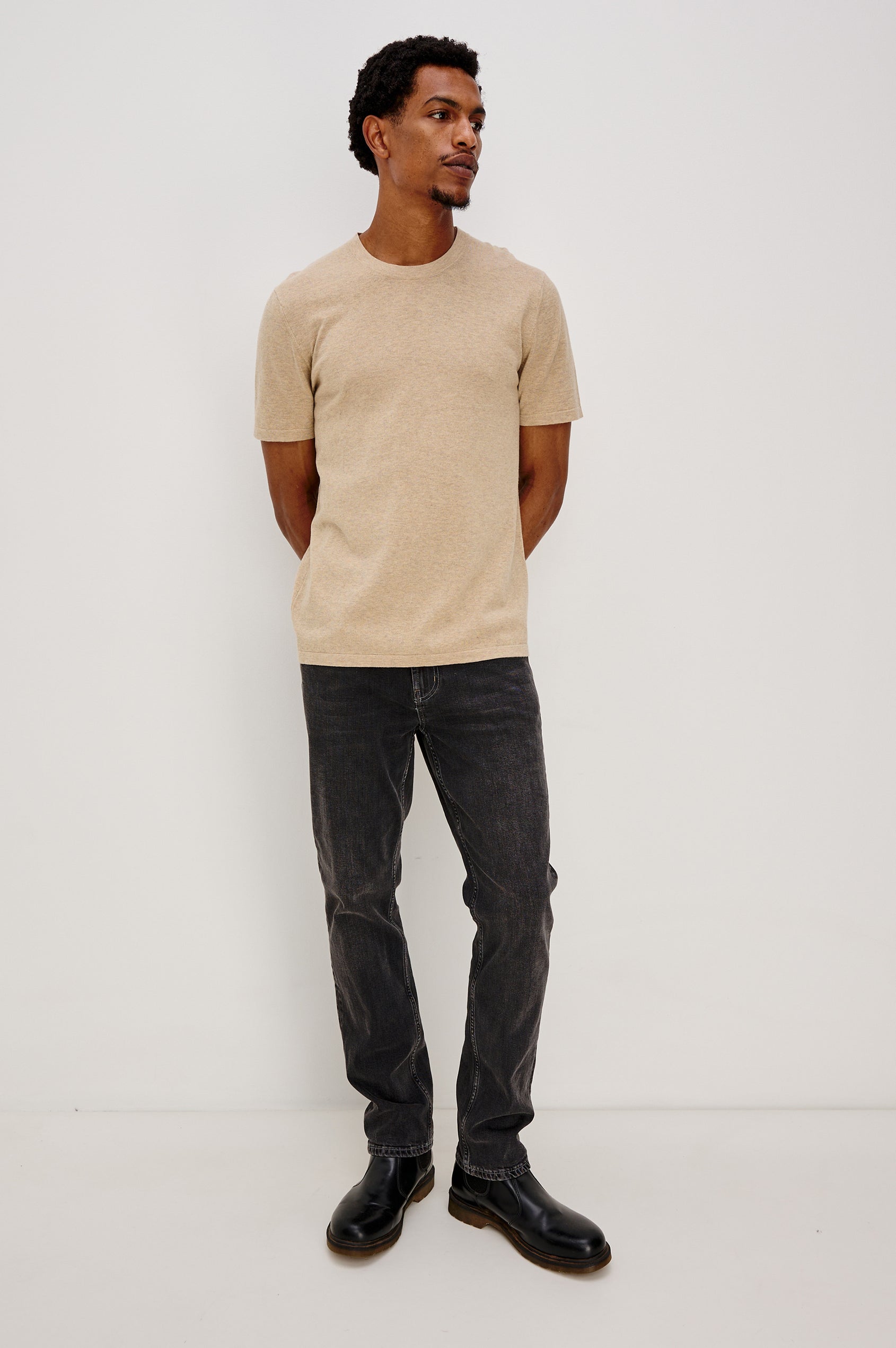 Mason Cotton Cashmere Short Sleeve T-Shirt with a Crew Neck in Oat Heather Colorway - Front Full Body View Featured on Model