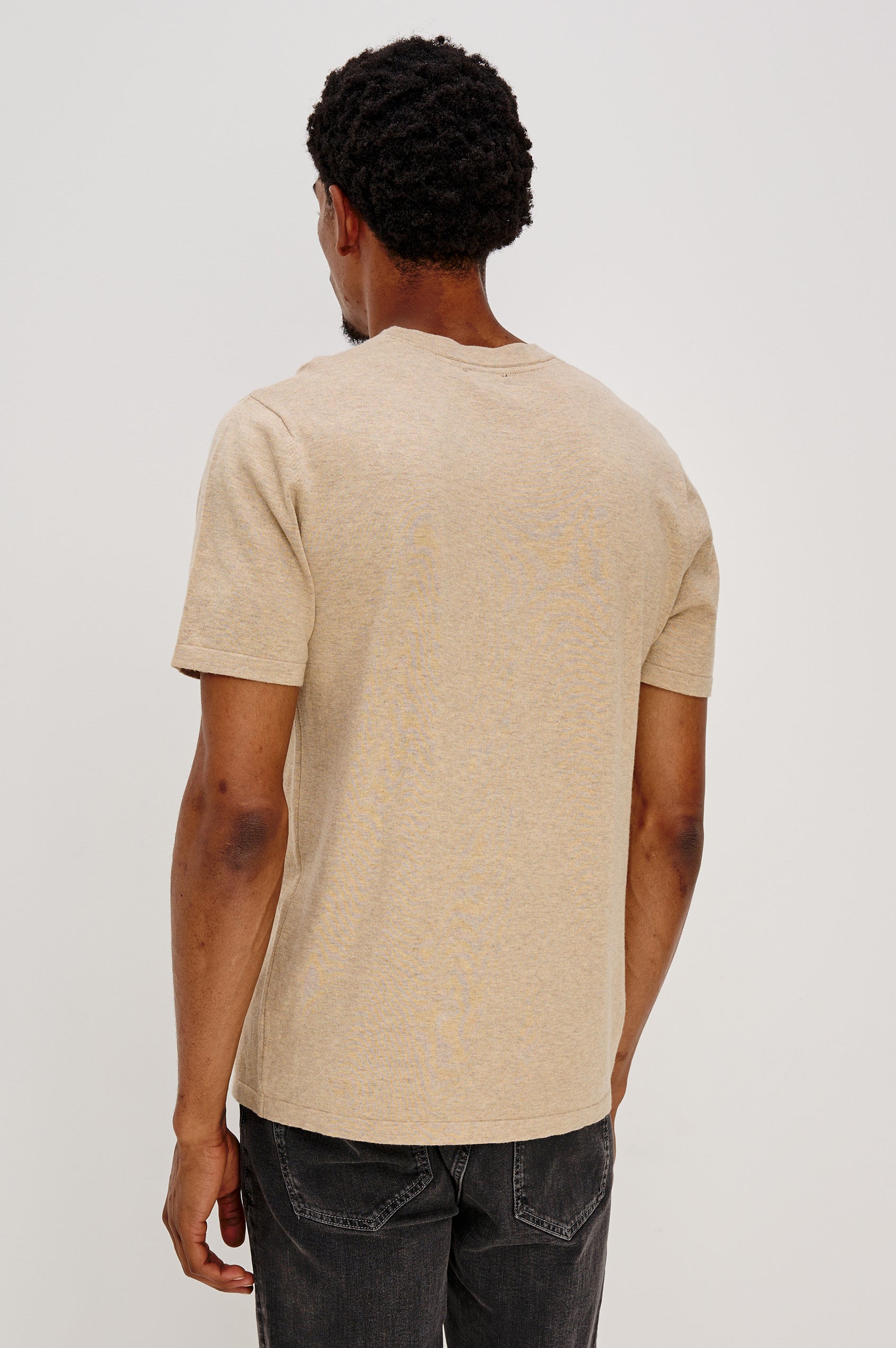 Mason Cotton Cashmere Short Sleeve T-Shirt with a Crew Neck in Oat Heather Colorway - Back View Featured on Model