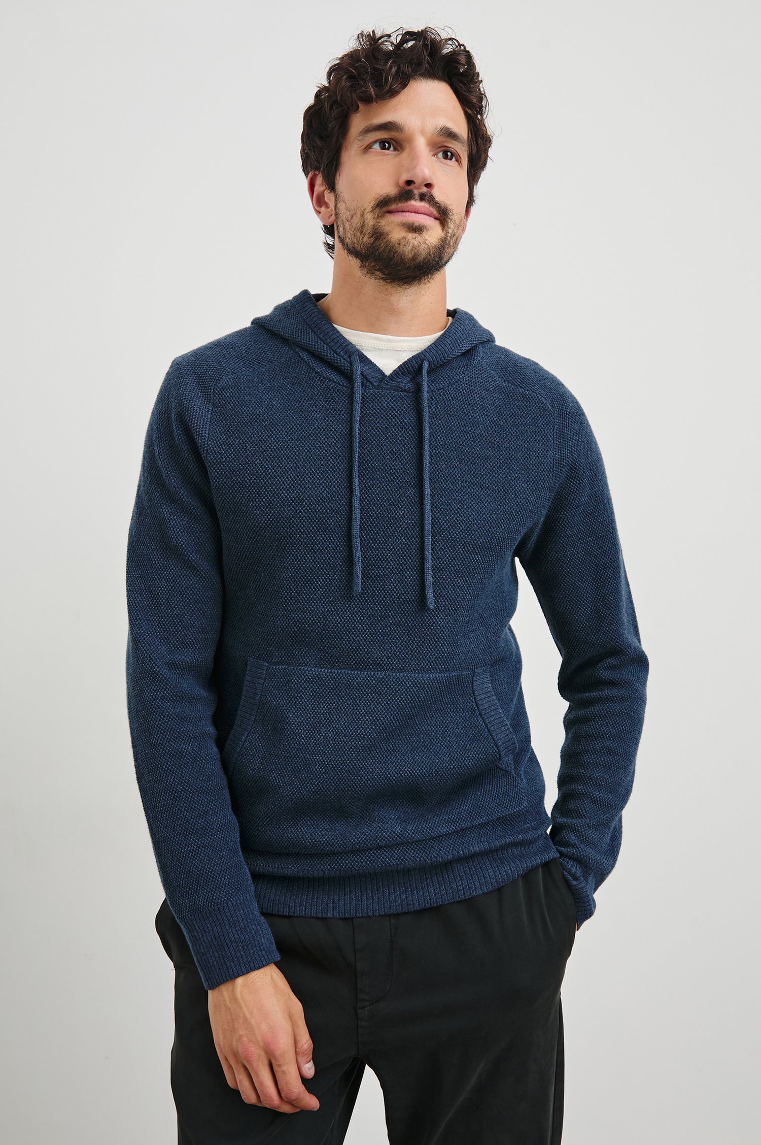 Matador Hoodie with Drawstring ties and a Kangaroo Pocket in Blue Melange Colorway - Front View Featured on Model