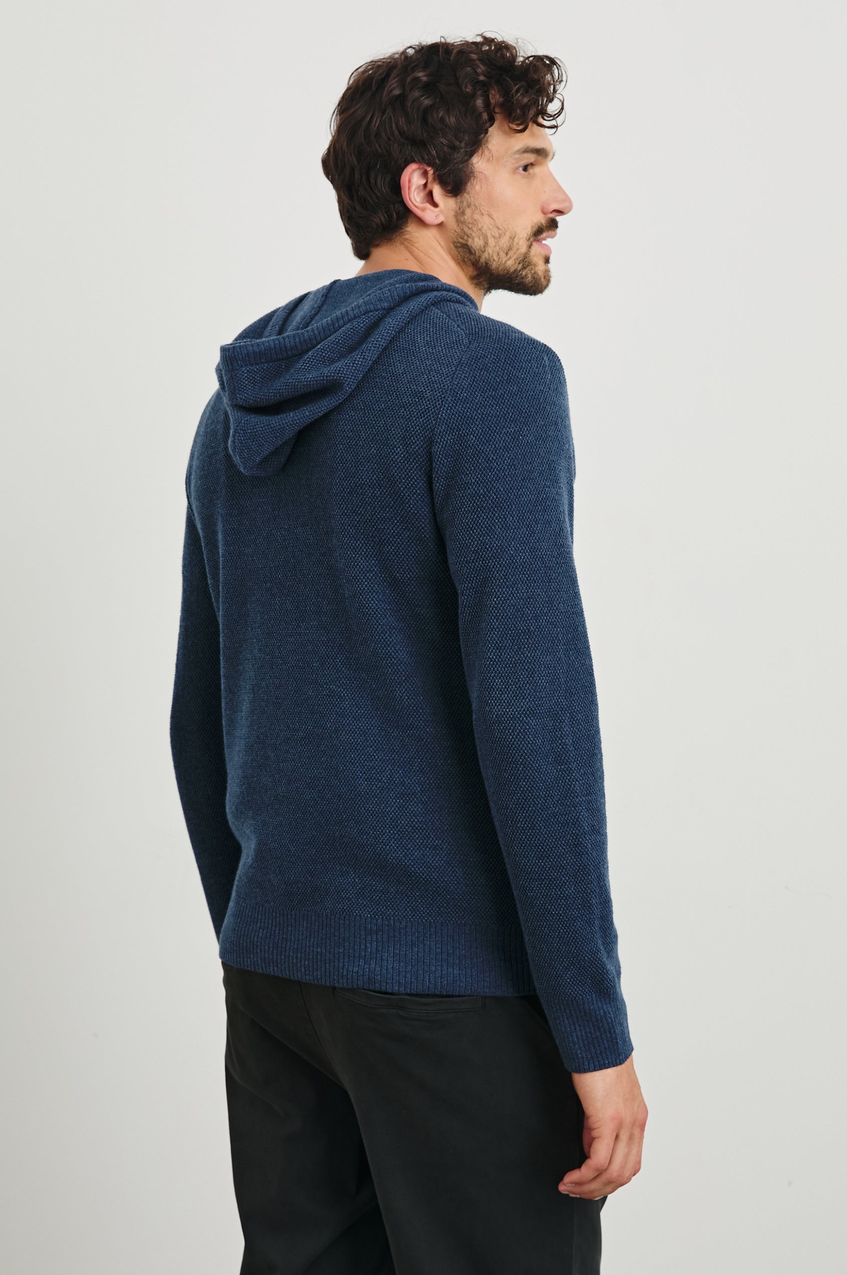 Matador Hoodie with Drawstring ties and a Kangaroo Pocket in Blue Melange Colorway - Back View Featured on Model