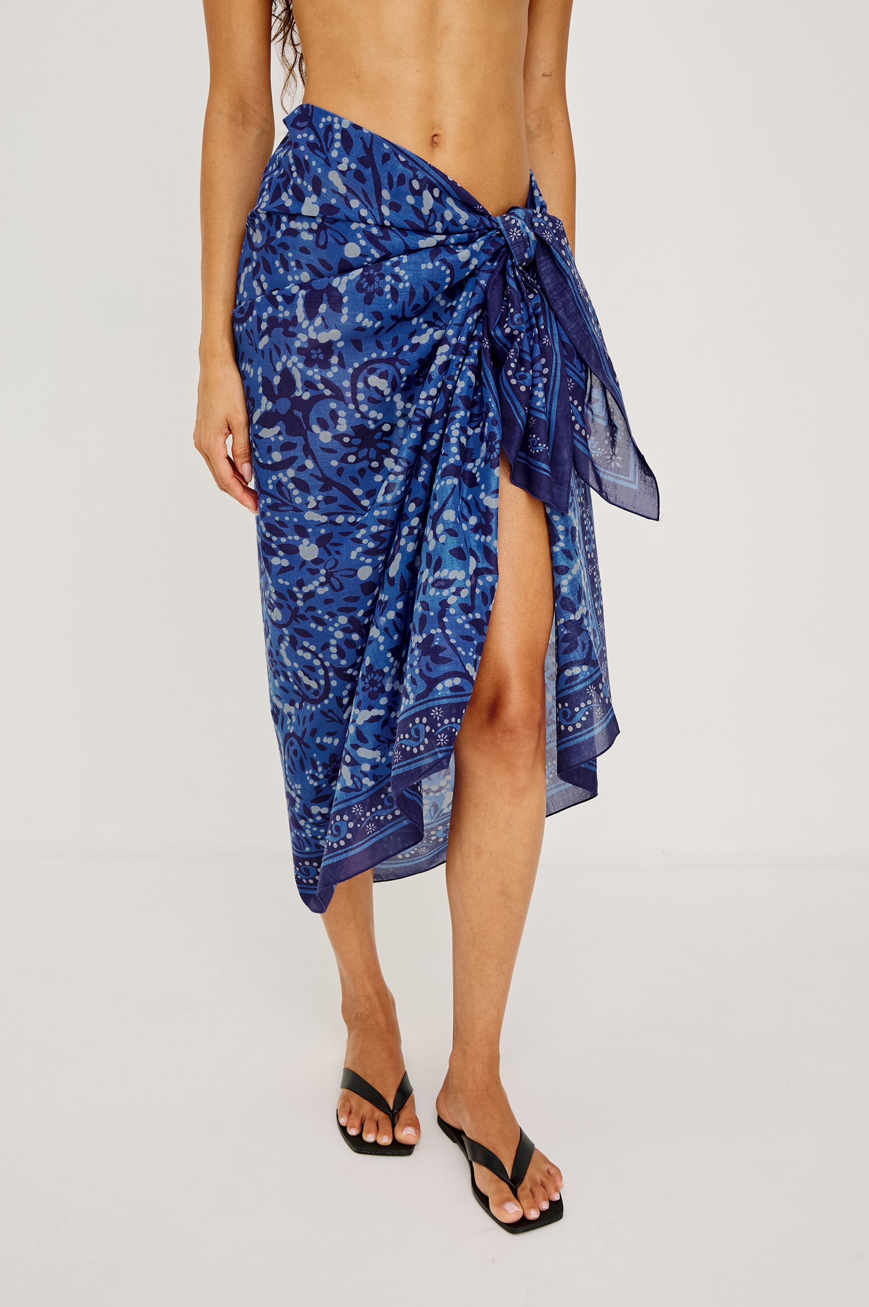 Matea Sarong Pareo Cover-up in 100% Cotton in Lisboa Colorway - Lower Body Front View Featured on Model