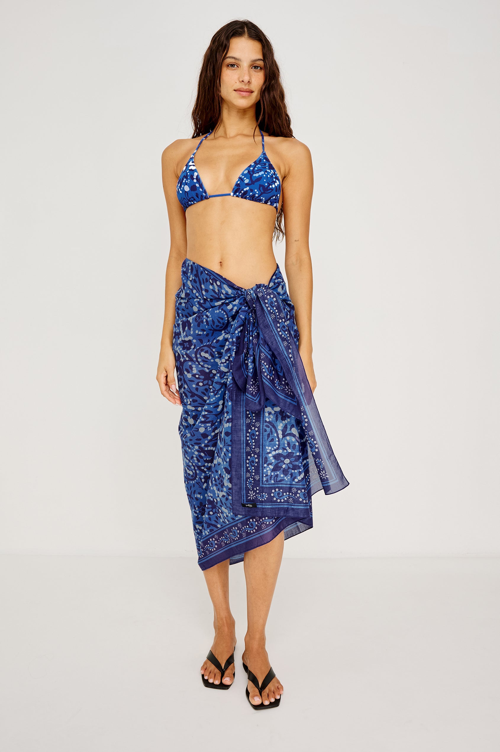 Matea Sarong Pareo Cover-up in 100% Cotton in Lisboa Colorway - Full Body Front View Featured on Model