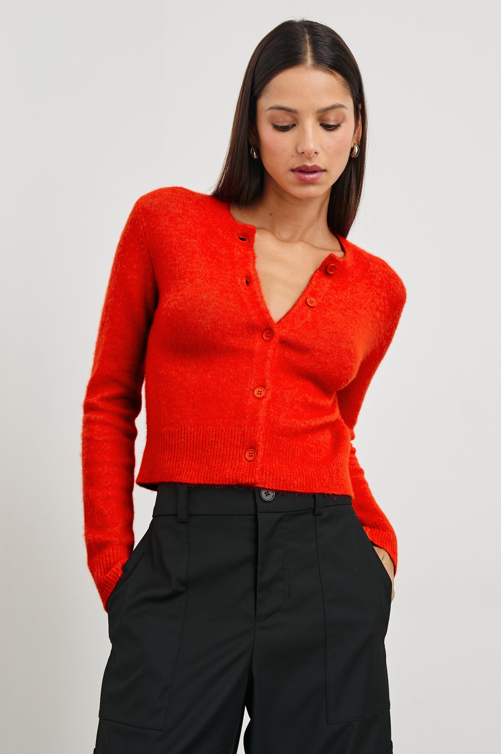 Matilda Cropped Long-Sleeve Sweater with Button Closure, Crew Neck and Ribbed Trim in Cherry Colorway - Front View Featured on Model