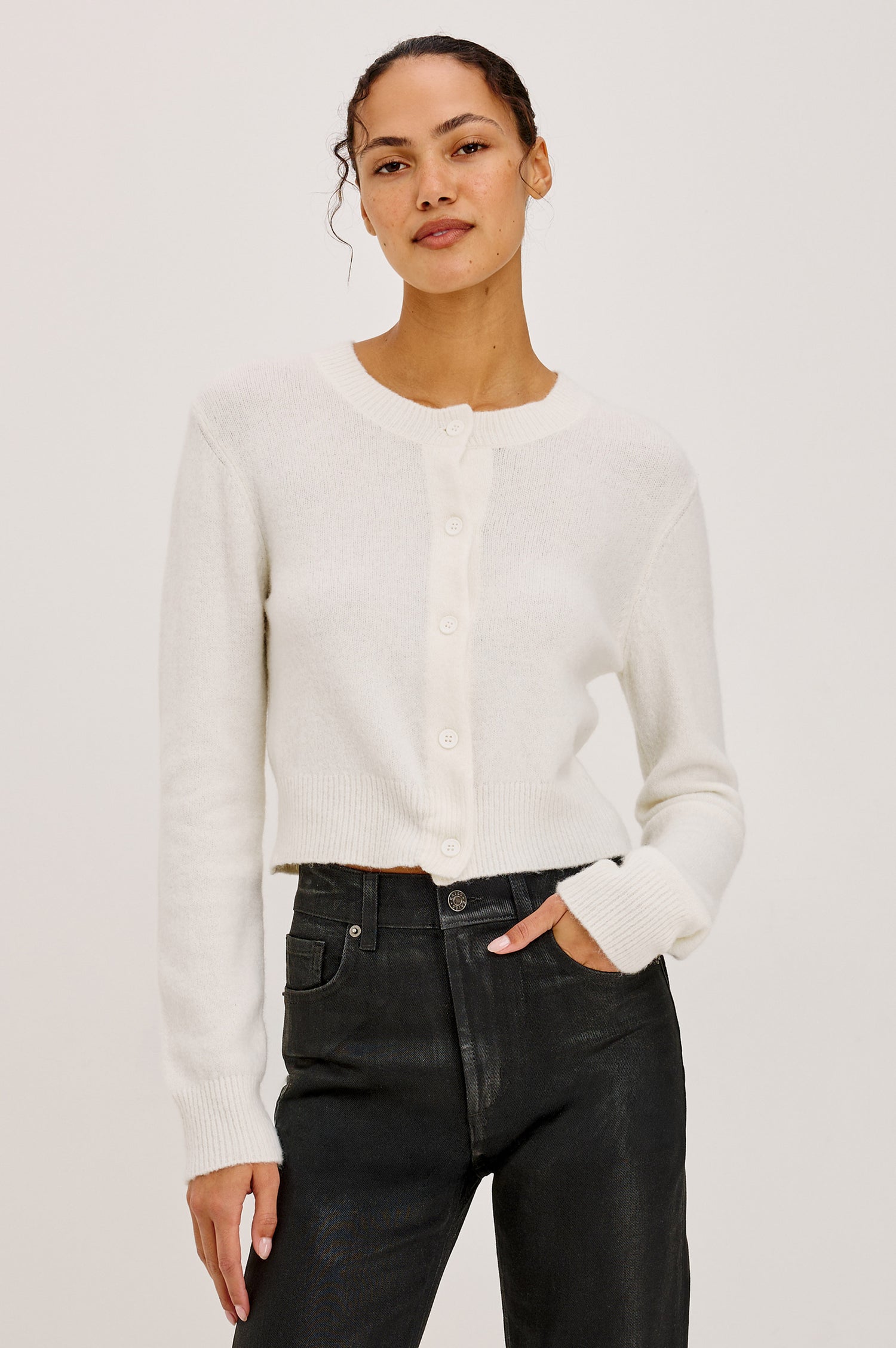Carre Cardigan in Wool-Cashmere Knit Blend, Relaxed Slightly Boxy Fit, Crew Neckline, Front Buttons, Long Sleeves, and Ribbed Trim in Heather Camel Colorway - Upper Body Front View Featured on Model