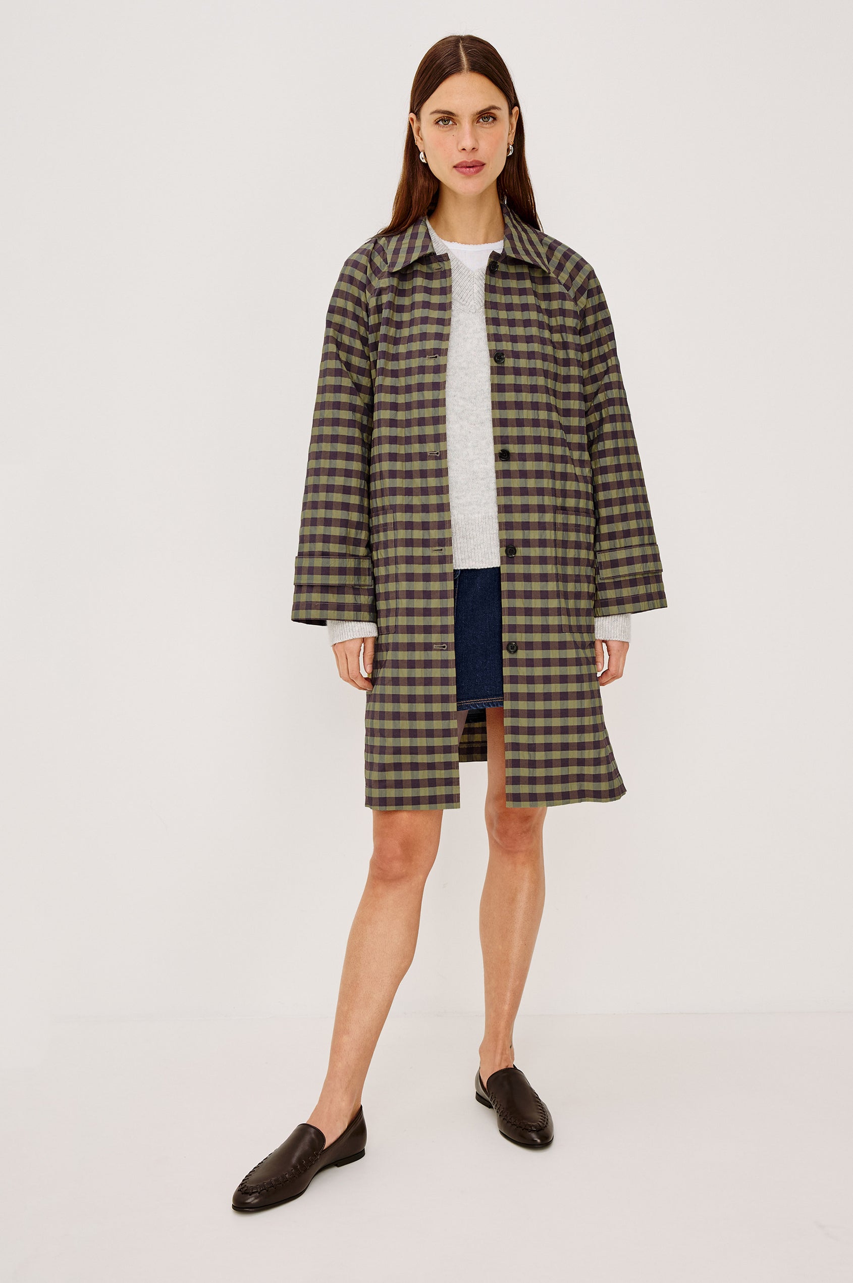 Mattie Trench Jacket in Lightweight Crinkle Nylon With Slightly Oversized Fit, Point Collar, Front Buttons, Front Patch Pockets, and Side Slits in Tapenade Check Colorway - Full Body Front View Featured on Model