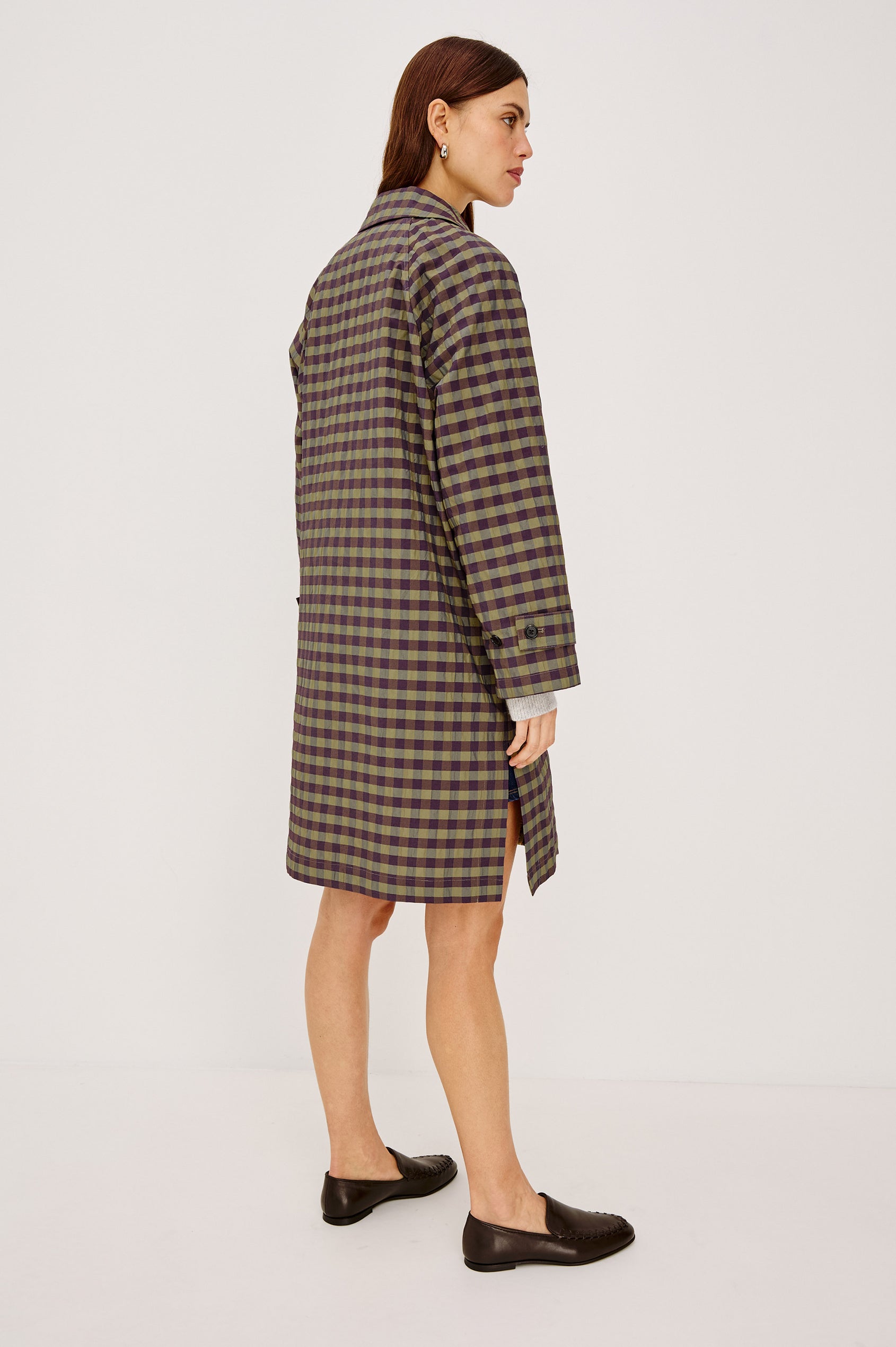 Mattie Trench Jacket in Lightweight Crinkle Nylon With Slightly Oversized Fit, Point Collar, Front Buttons, Front Patch Pockets, and Side Slits in Tapenade Check Colorway - Full Body Back View Featured on Model