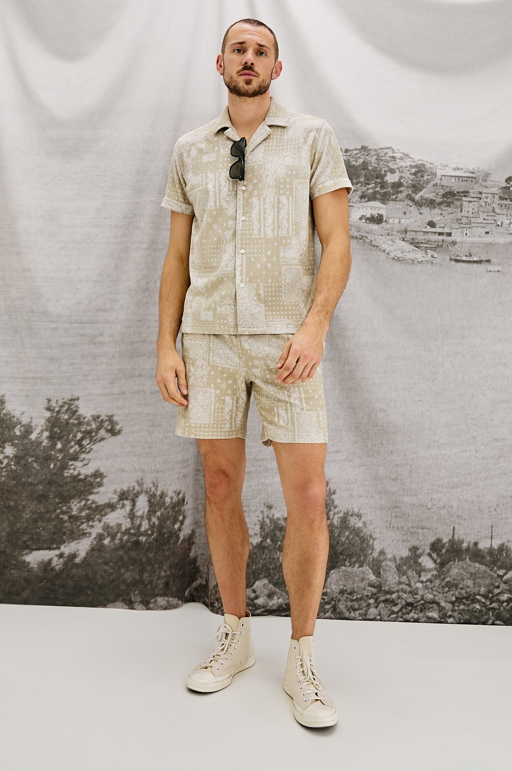 Maverick Collared Button Front Shirt with Short Sleeves in Bandana Craft Paper Colorway. Front View Shown on Model.