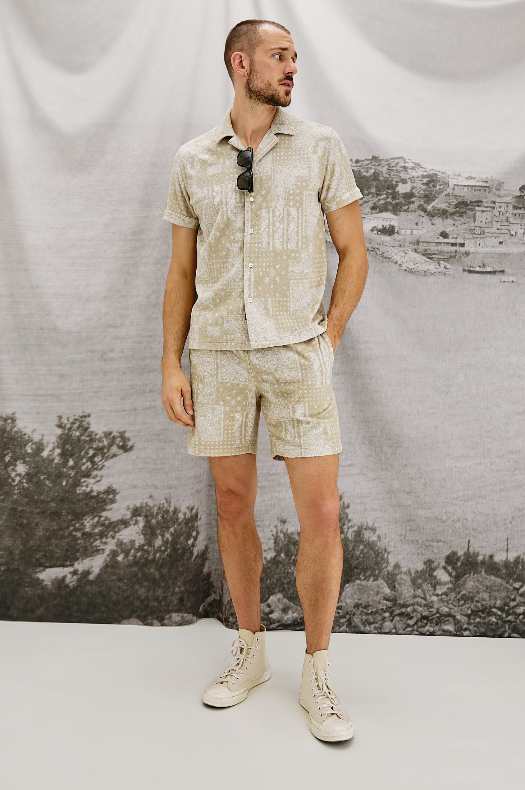 Nova Pull on Short with Drawstring and Elastic Waistband, back pocket and side pockets in Bandana Craft Paper Colorway. Full Body Front View Shown on Model.