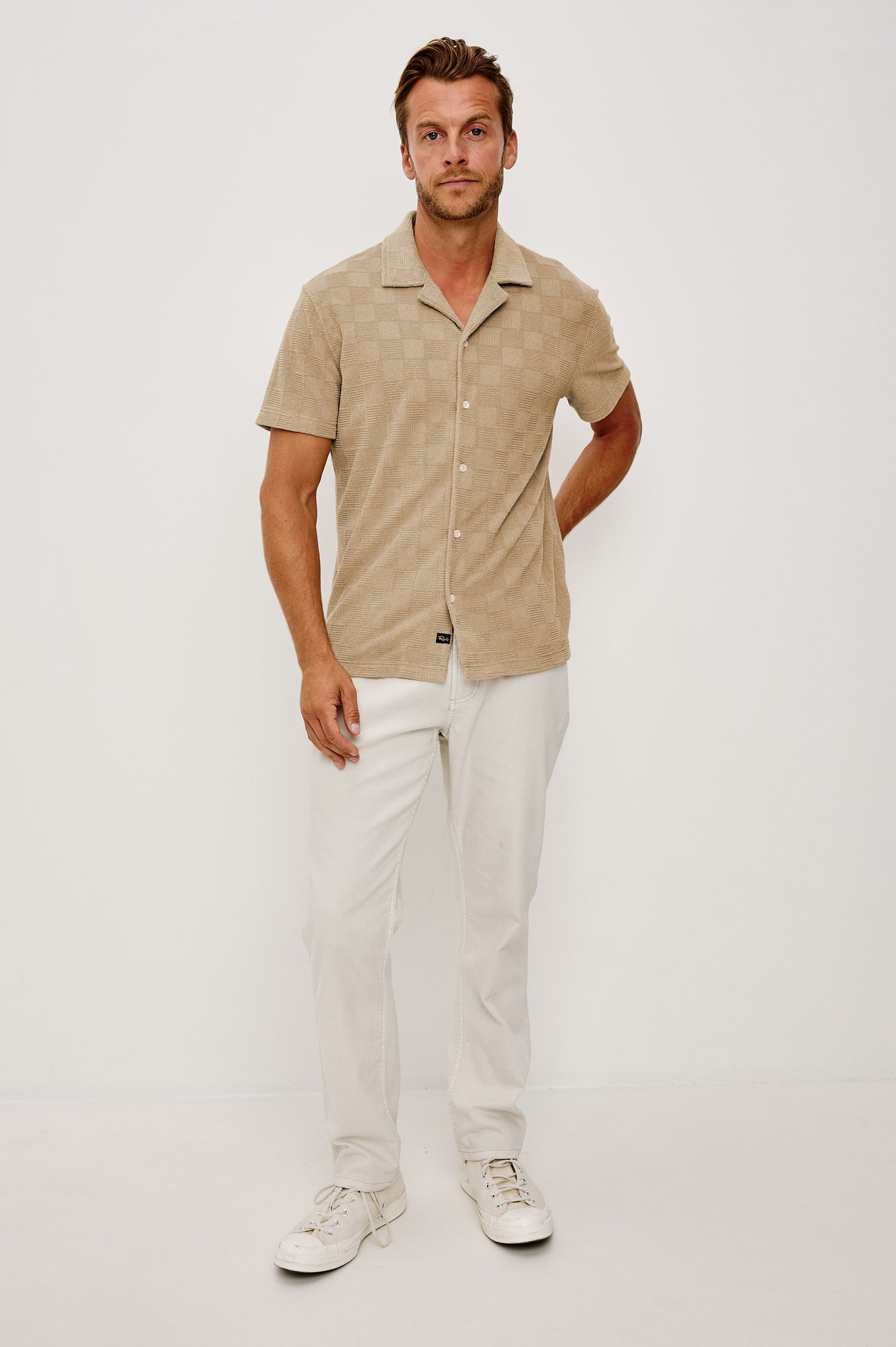 Maverick Short Sleeve Shirt in French Terry With Jacquard Pattern, Notched Collar, Front Buttons, and Classic Fit in Grange Craft Paper Colorway - Full Body Front View Featured on Model