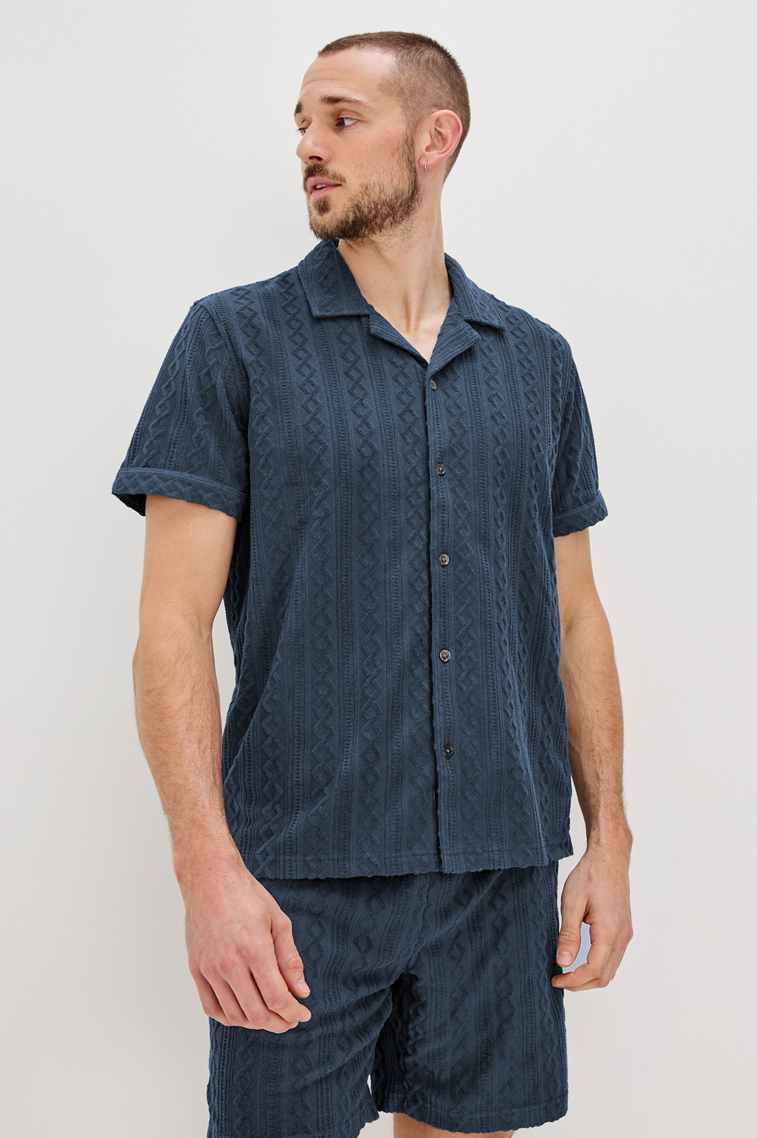 Maverick Collared Button Front Shirt with Short Sleeves in Royal Blue Colorway. Front View Shown on Model.