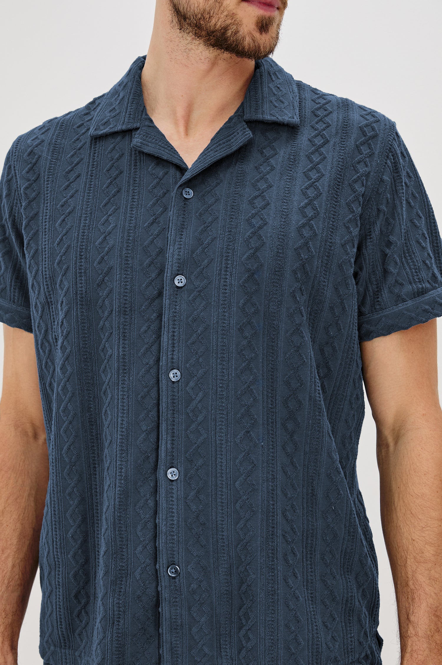 Maverick Collared Button Front Shirt with Short Sleeves in Royal Blue Colorway. Front Detail View Shown on Model.
