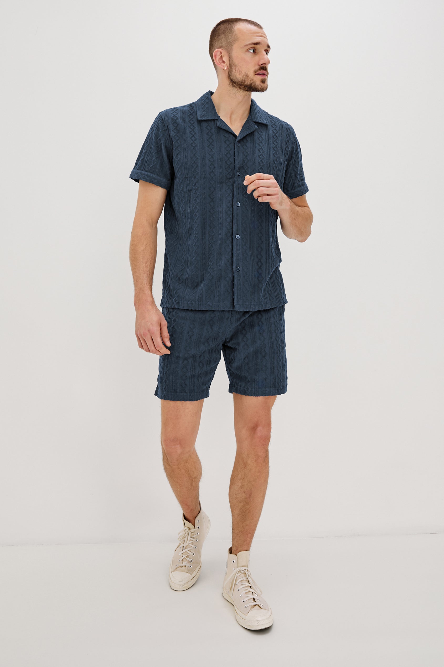 Maverick Collared Button Front Shirt with Short Sleeves in Royal Blue Colorway. Full Body Front View Shown on Model.