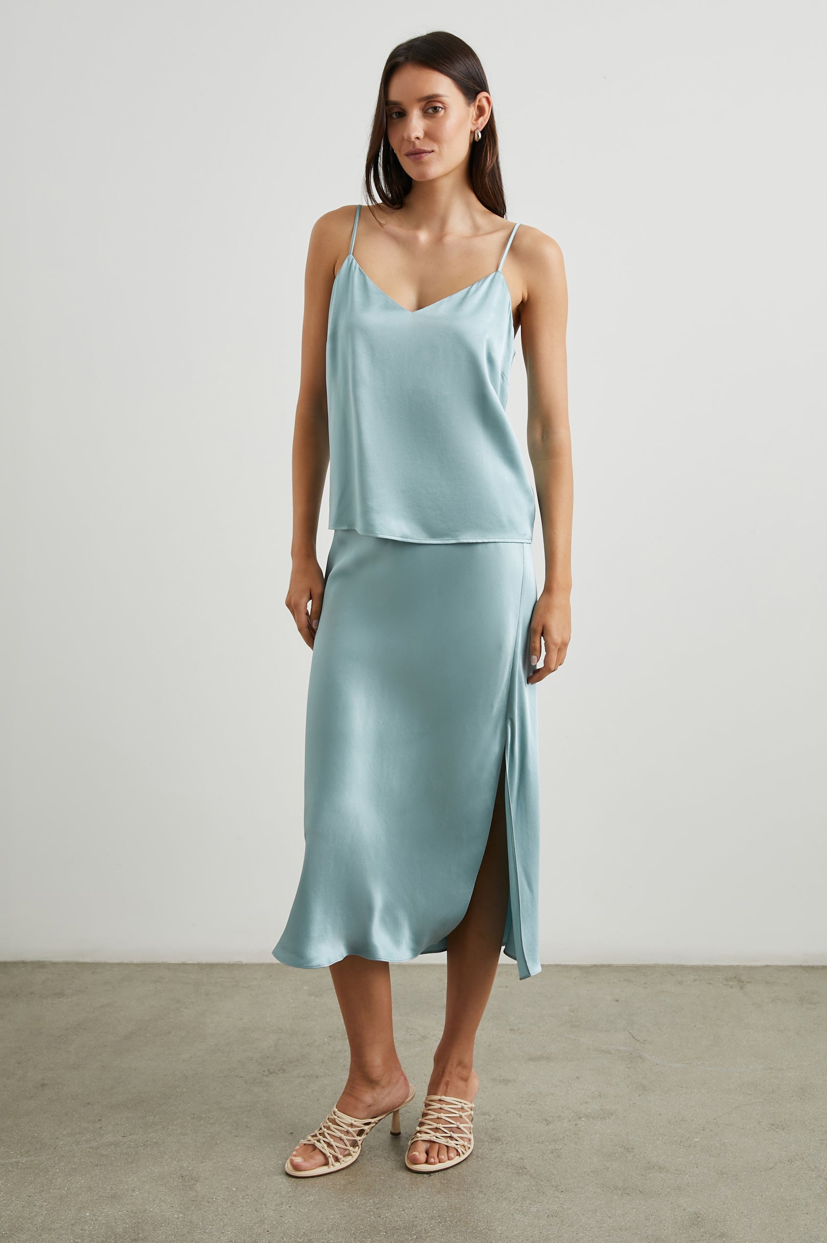 Maya Midi Skirt with Mid-Thigh Side Slit in Clearwater Colorway - Front Full Body View Featured on Model