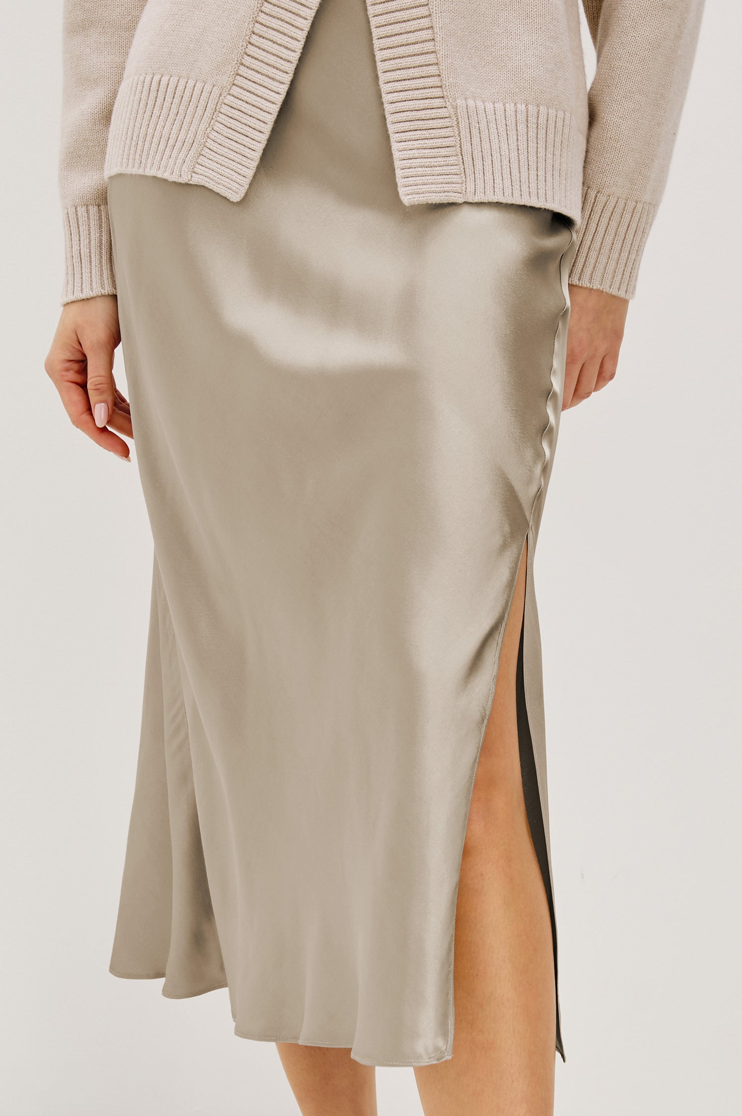 Maya Midi Skirt with Mid-Thigh Side Slit in Mink Colorway - Close Up View Featured on Model