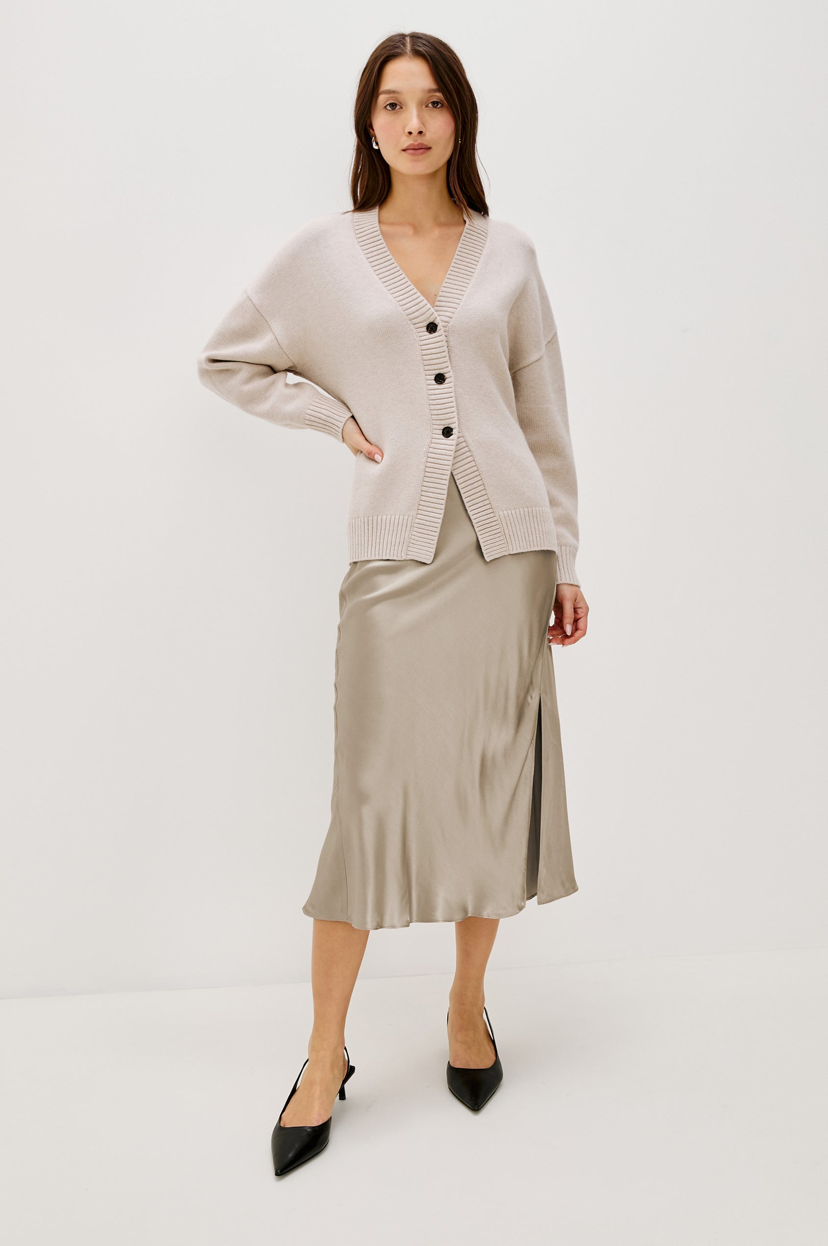 Maya Midi Skirt with Mid-Thigh Side Slit in Mink Colorway - Full Body Front View Featured on Model