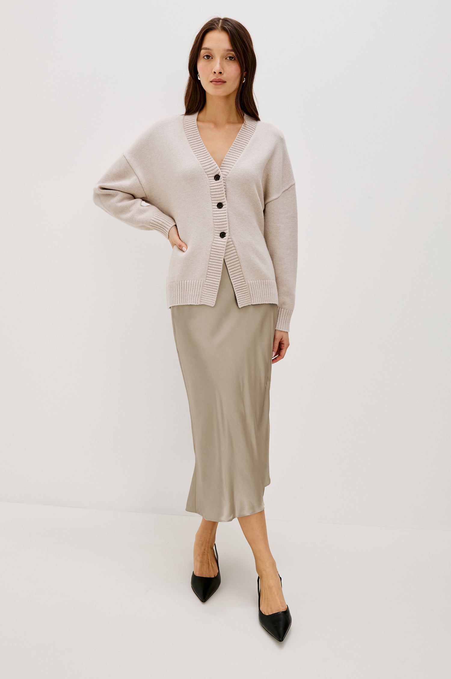 Maya Midi Skirt with Mid-Thigh Side Slit in Mink Colorway - Full Body Front View Featured on Model