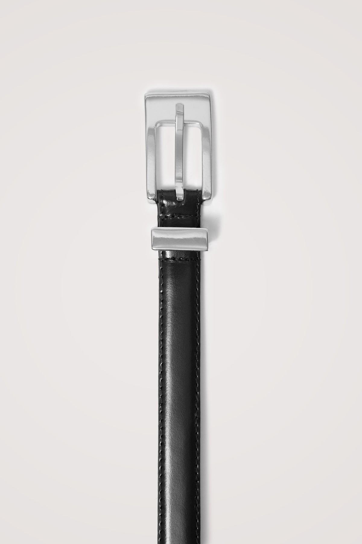 Mayfair Belt in Italian Leather with a Clean Rectangular Buckle in Black Silver Colorway - Full Body Front View Featured on Model.