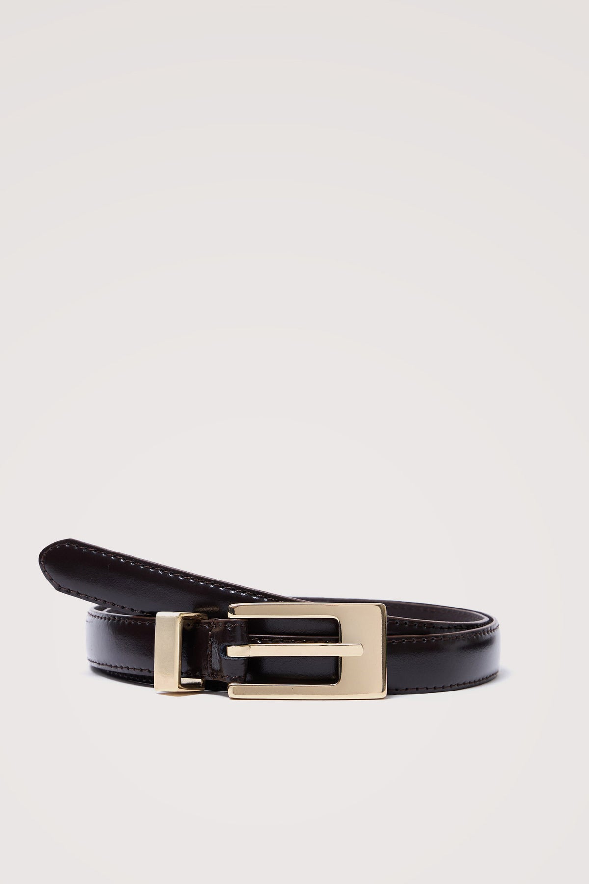 Mayfair Belt in Italian Leather with a Clean Rectangular Buckle in Brown Gold ColorwayUpper Body Front View Featured on Model.