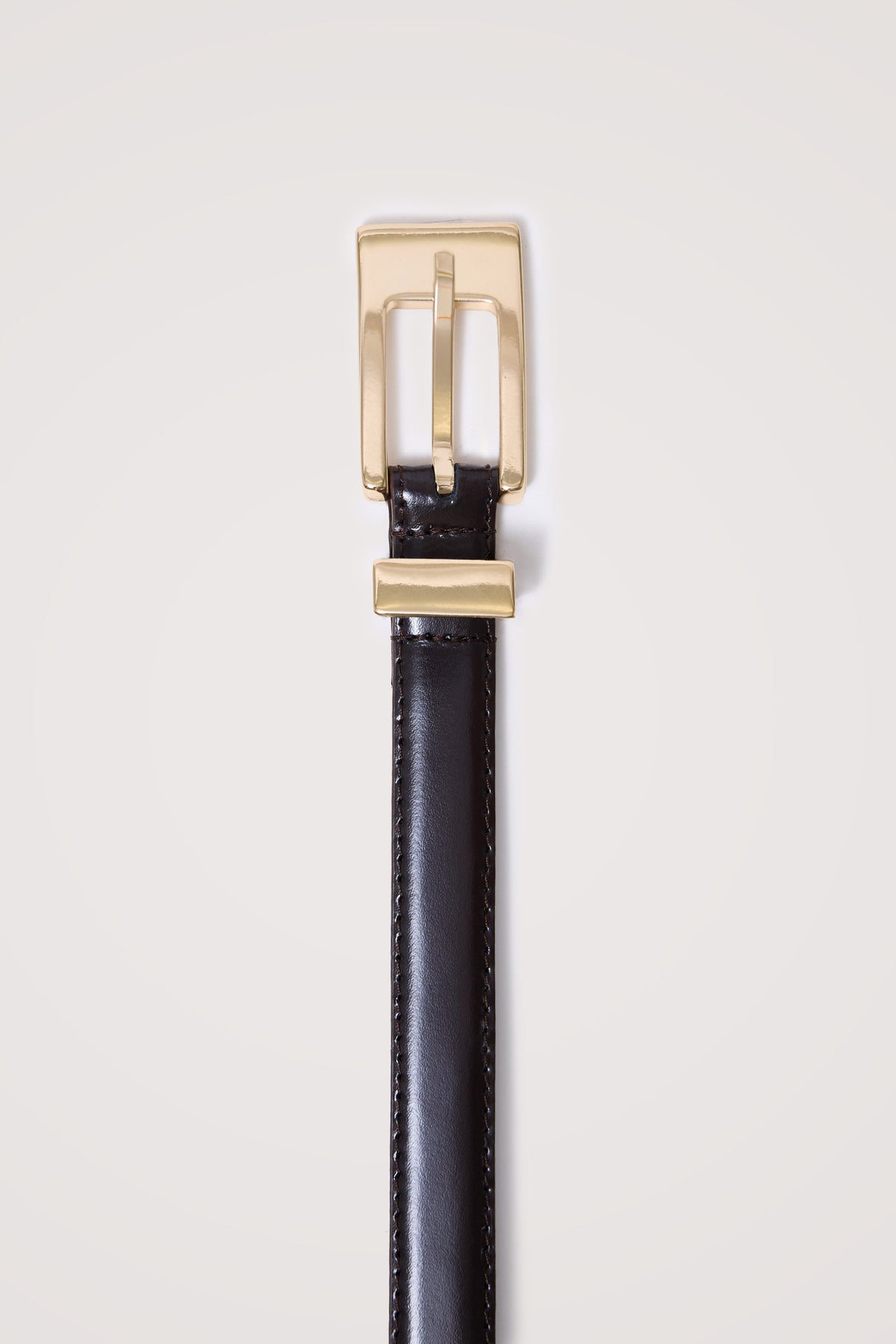 Mayfair Belt in Italian Leather with a Clean Rectangular Buckle in Brown Gold Colorway -Full Body Front View Featured on Model.