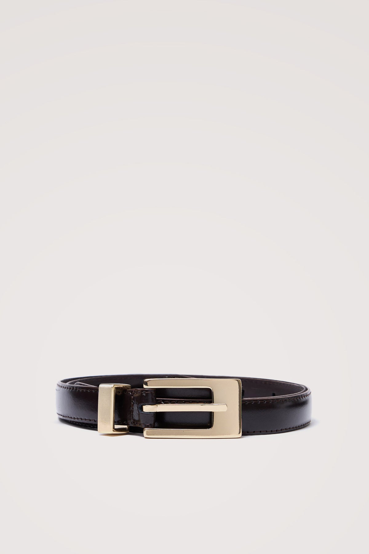 Mayfair Belt in Italian Leather with a Clean Rectangular Buckle in Brown Gold Colorway -Front View Featured on Model.