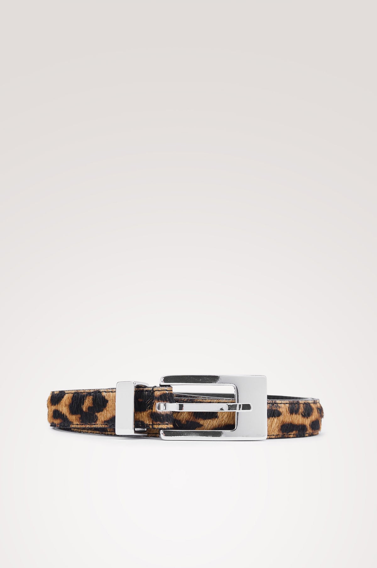 Mayfair Belt in Italian Leather with a Clean Rectangular Buckle in Brown Nala Calf Hair Colorway - Front View Featured on Model.