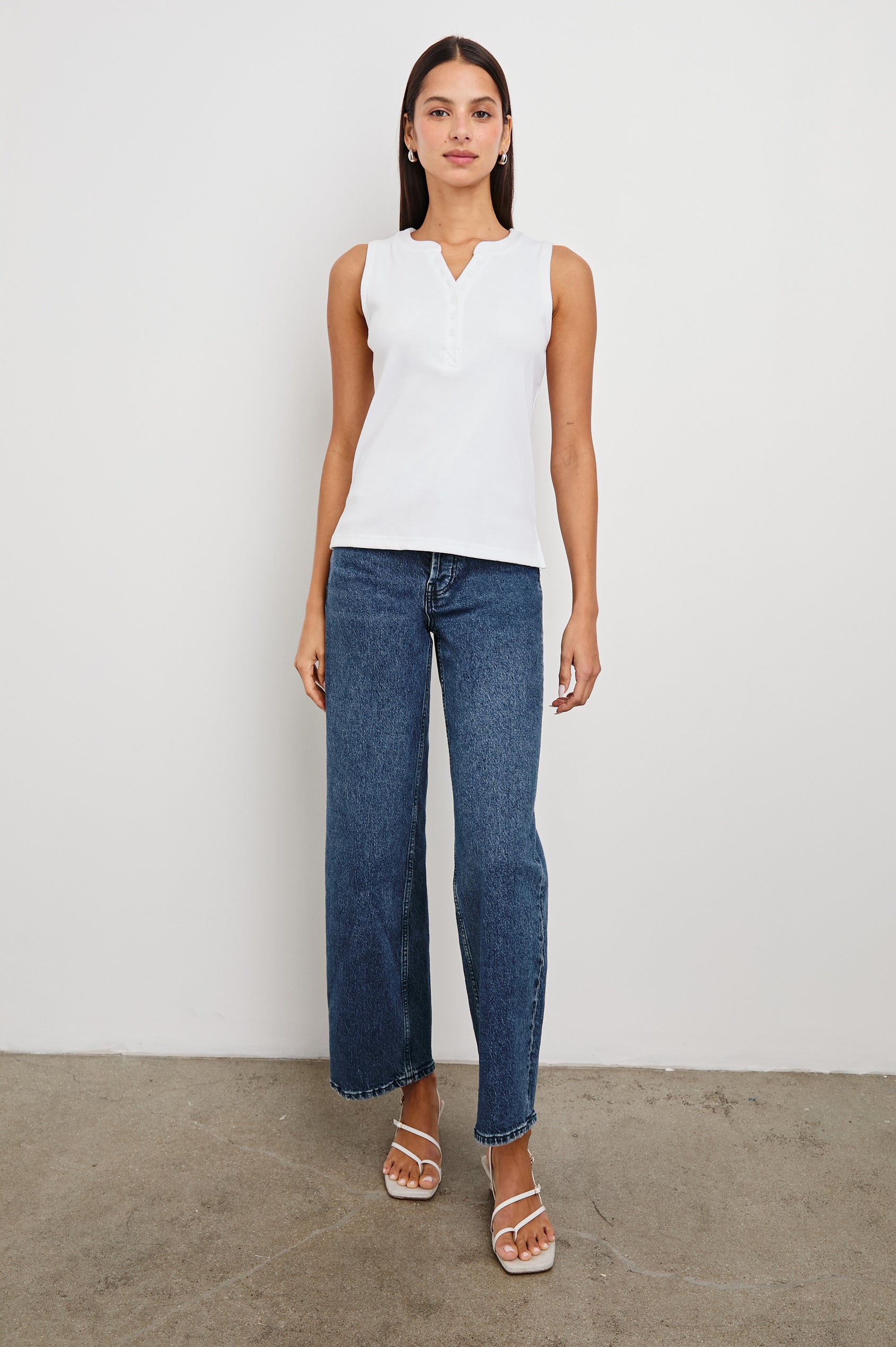 Mayla Sleeveless Top With 3/4 Front Buttons In Colorway White - Full Front Body View Untucked Featured On Model