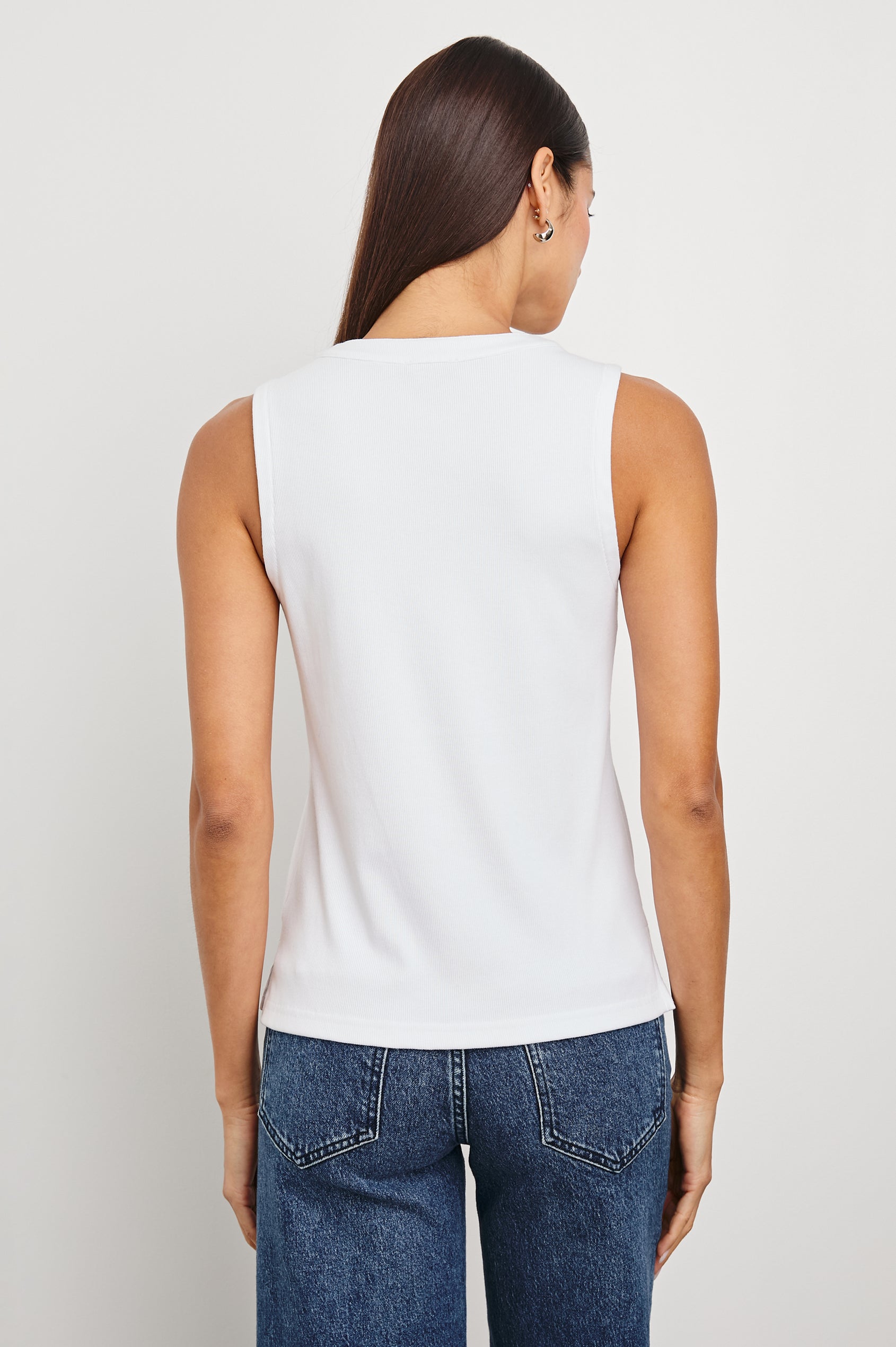 Mayla Sleeveless Top With 3/4 Front Buttons In Colorway White - Back View Featured On Model