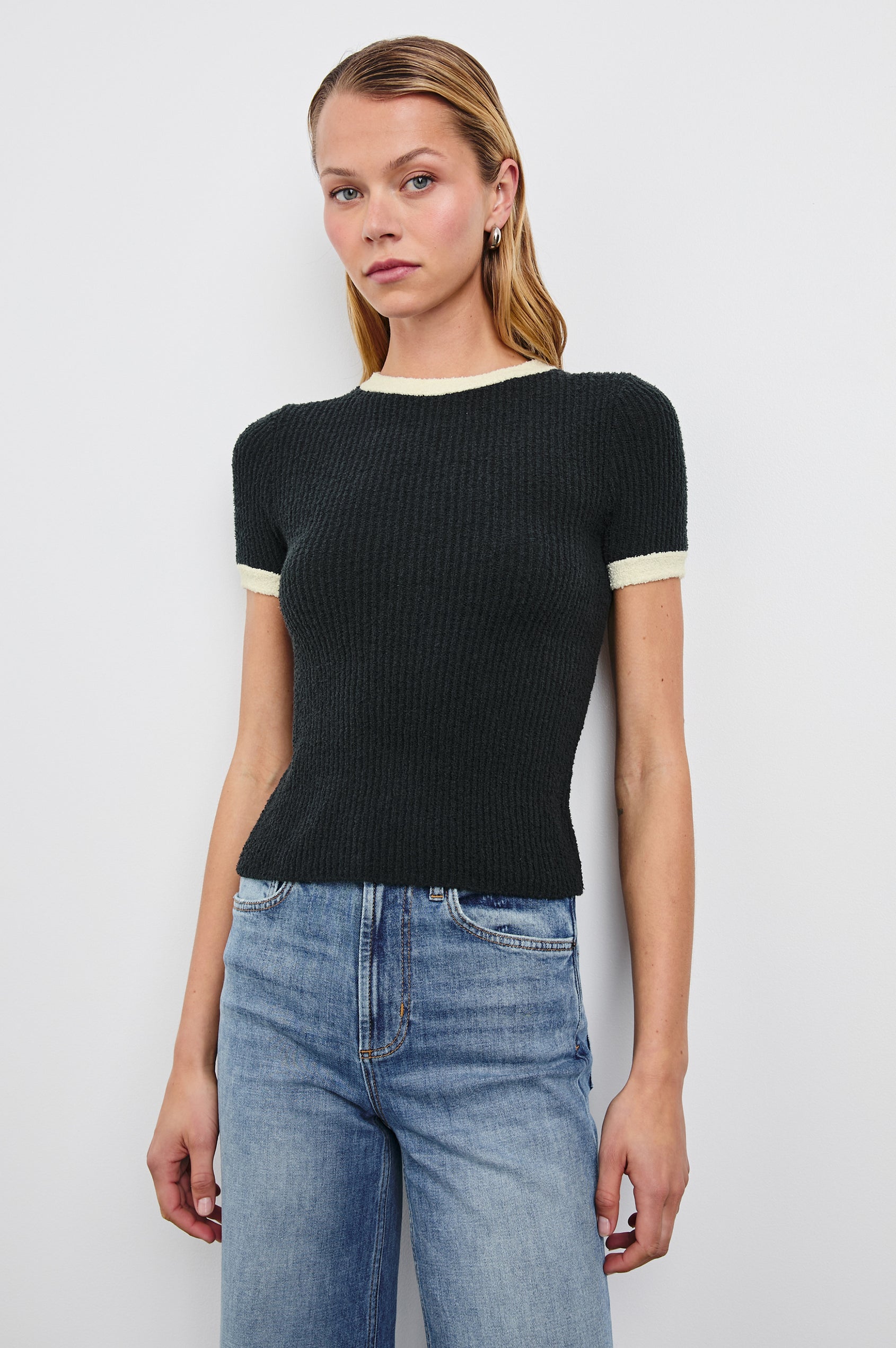 Meredith Short-Sleeve Ribbed Top with Crew Neckline in Black Ivory Colorway, with Ivory trim at the Neckline and Cuffs - Front View Featured on Model 