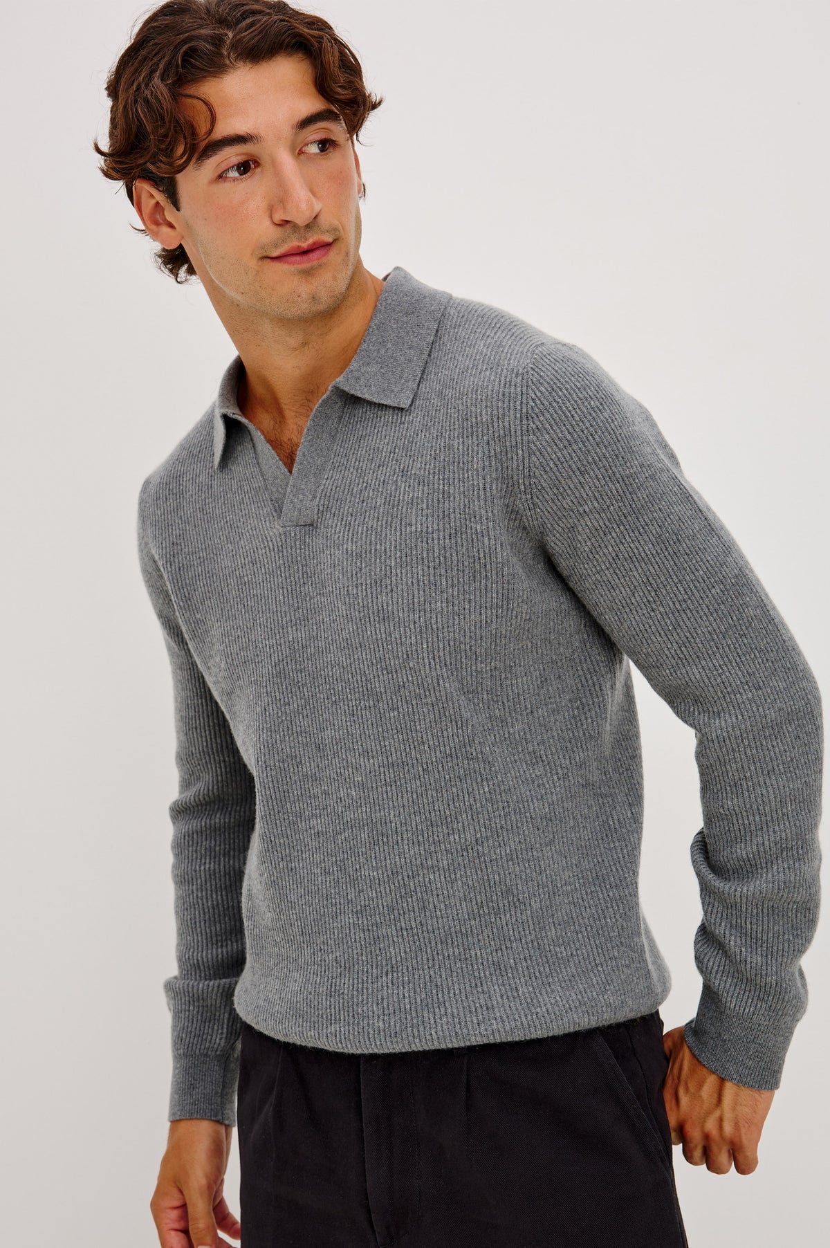 Merritt Sweater in Ribbed Wool-Cashmere-Silk Blend With Open Polo Collar and Long Sleeves in Smoke Heather Colorway - Upper Body Front Detail View Featured on Model.