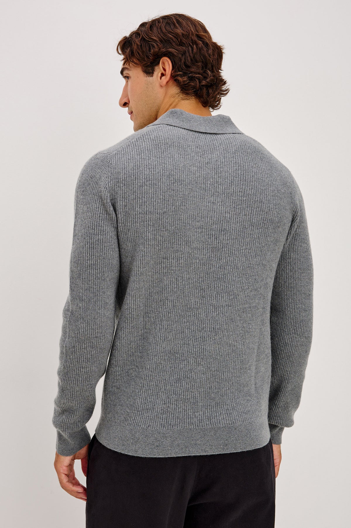 Merritt Sweater in Ribbed Wool-Cashmere-Silk Blend With Open Polo Collar and Long Sleeves in Smoke Heather Colorway - Upper Body Back View Featured on Model.